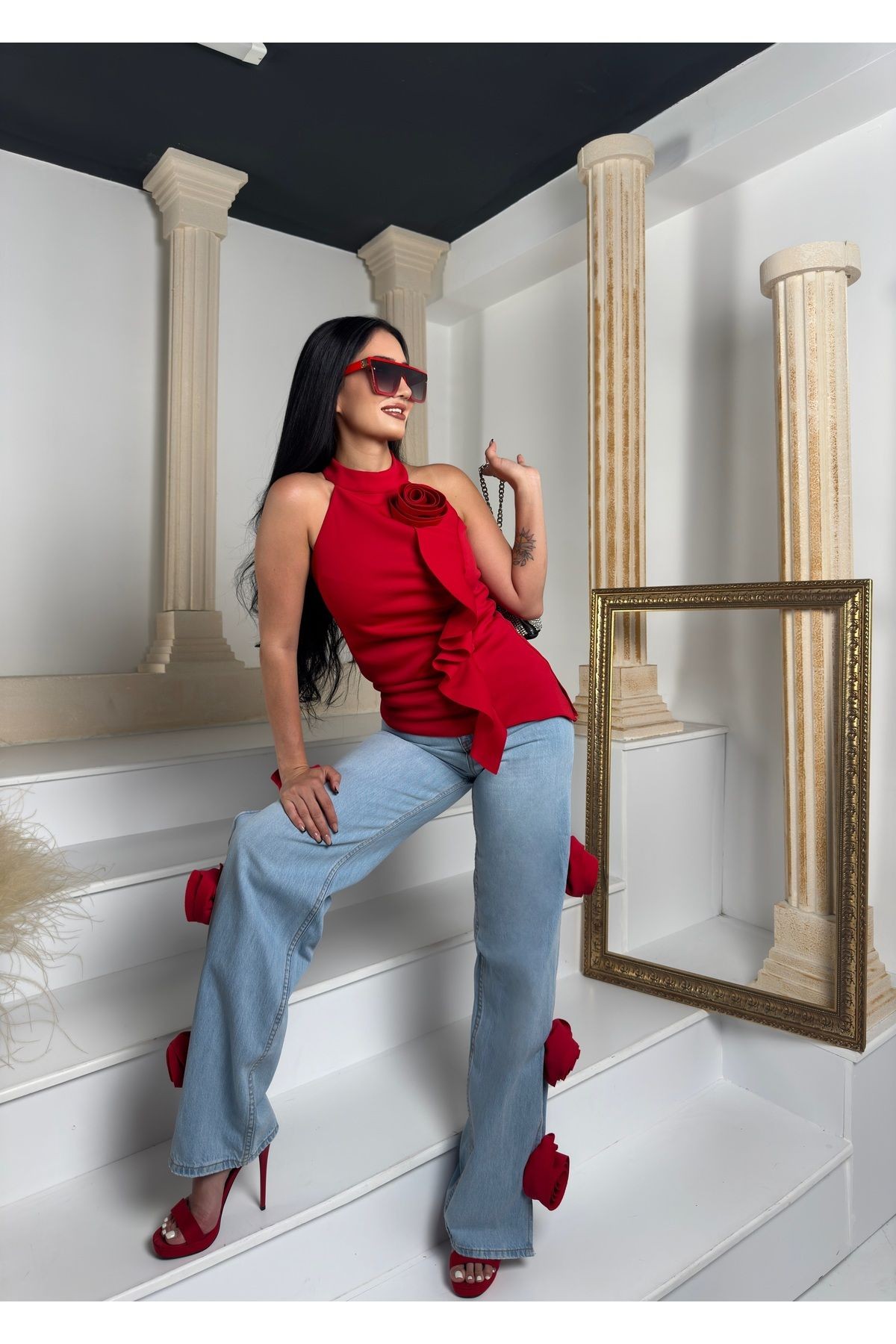 Kadın Ithal Denimden Yanlar Gül Işlemeli Cepli Özel Tasarım Mom Jeans - Kırmızı