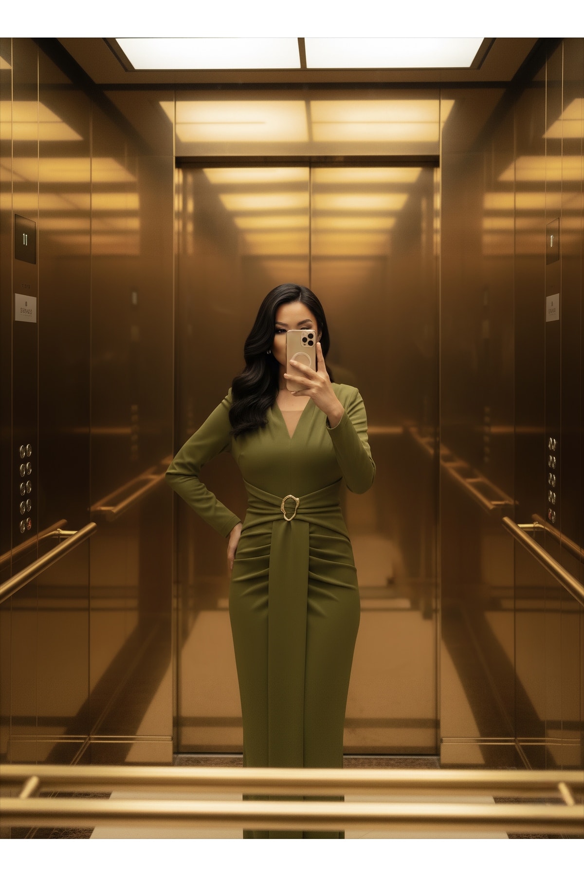 İthal Krep Kumaş Toka Ve Şal Detaylı Astarlı Özel Tasarım Maxi Elbise - Yeşil