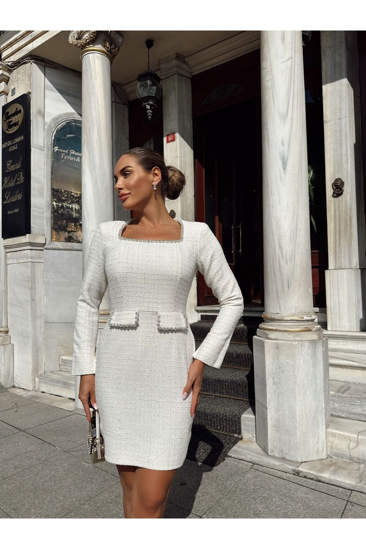 Kadın Beyaz Yaka Ve Cep Taş İşleme Özel Tasarım Astarlı Midi Elbise