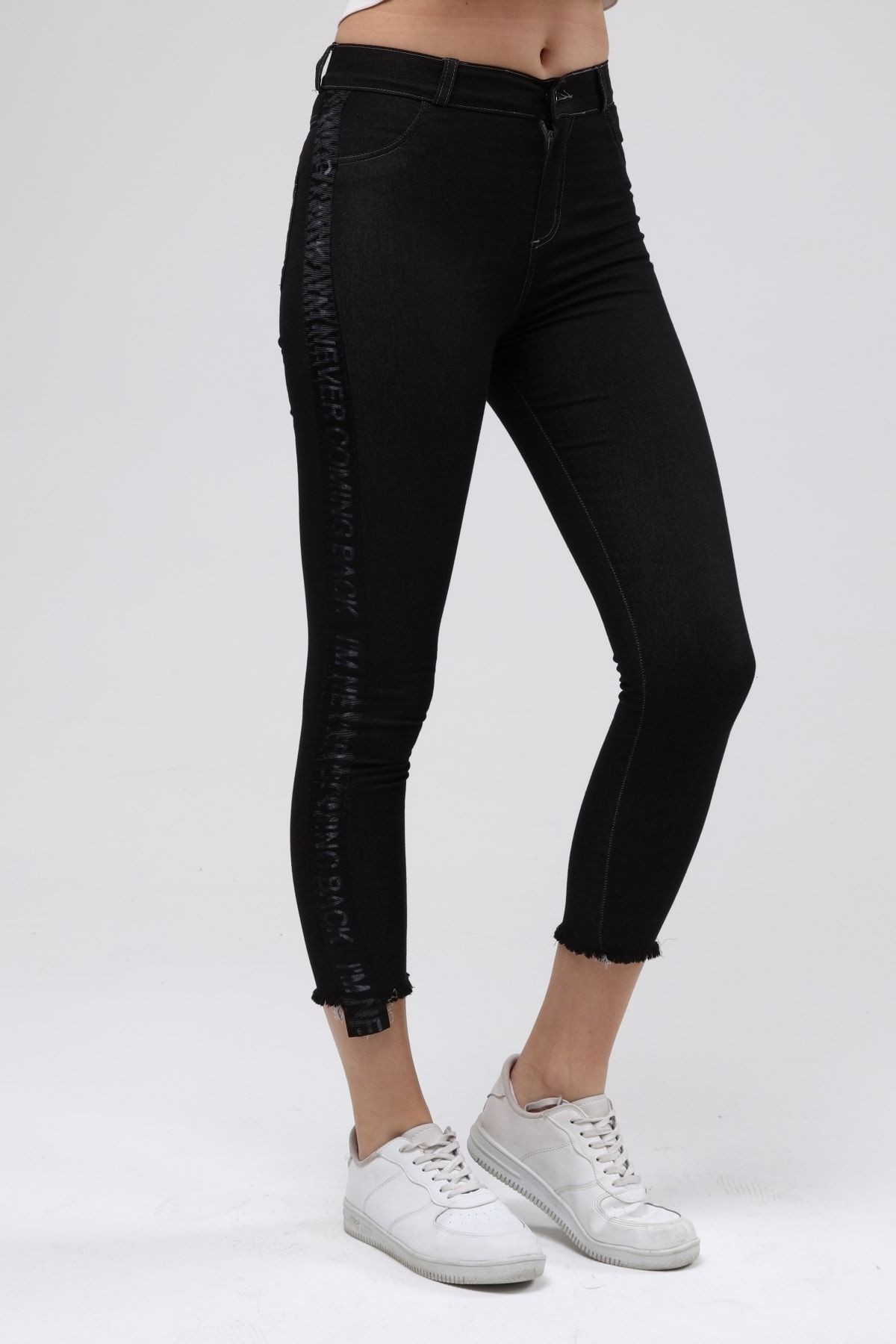 Kadın Siyah Yan Şerit Detaylı Full Likralı Skinny Kot Tayt