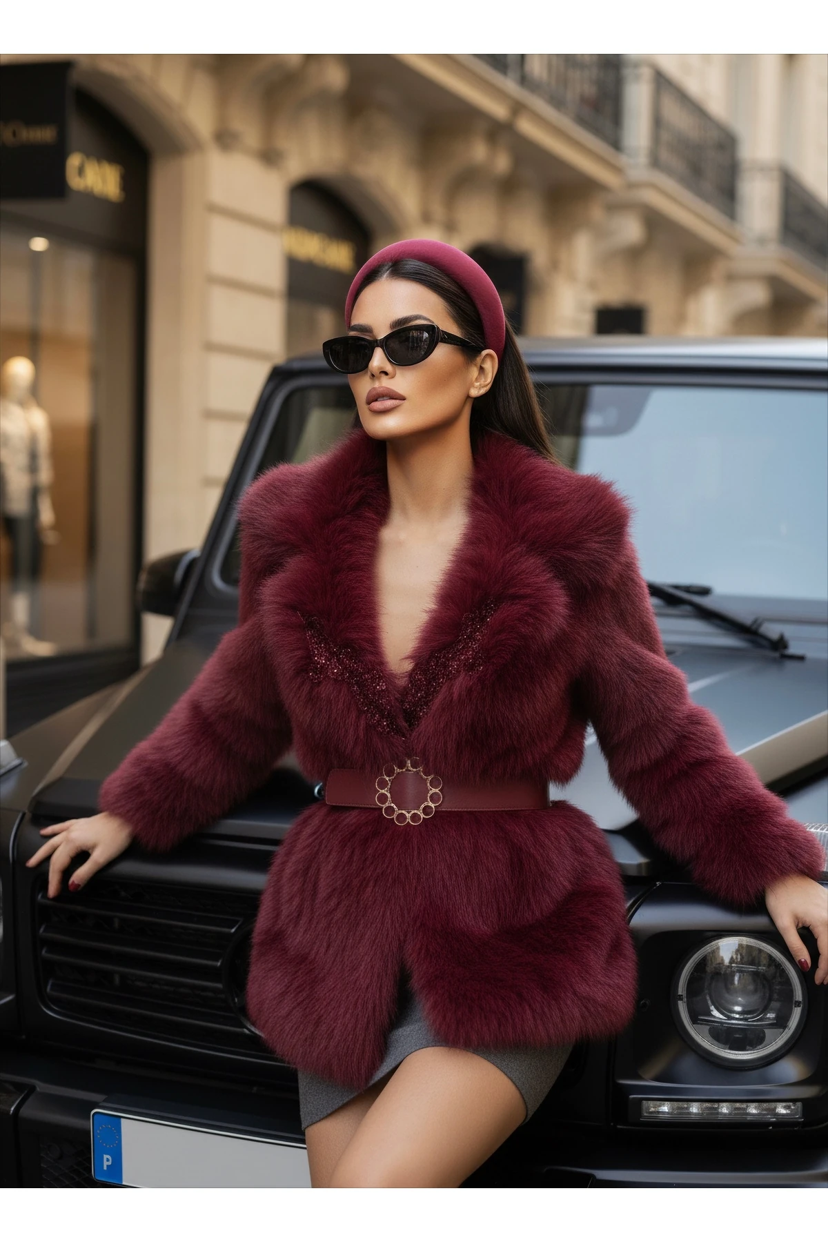 İthal Kürkten Taş İşlemeli Kemerli Astarlı Özel Tasarım Mont - Bordo