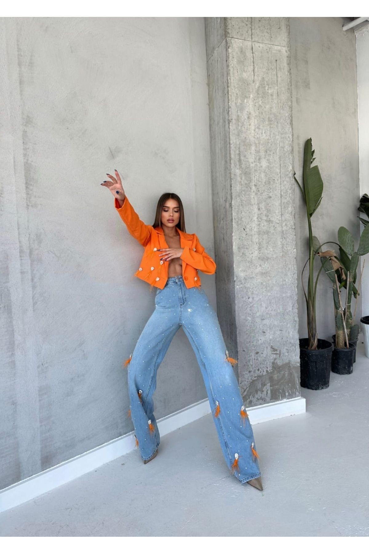 Kadın Mom Jeans Dokuma Ceket Astarlı Taş Ve Püskül Kombin Tasarım Alt-Üst Takım