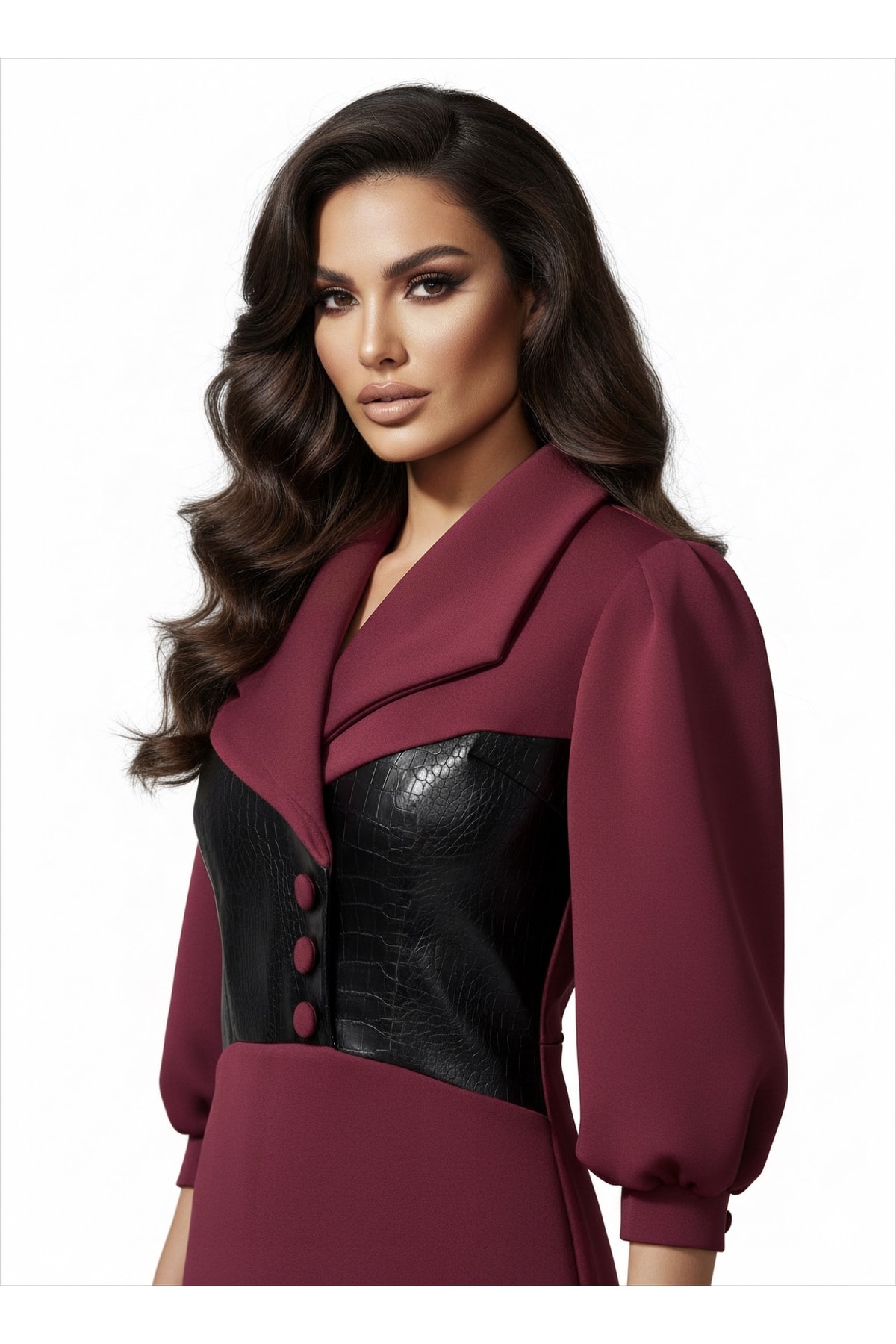 İthal Kumaştan Düğmeli Deri Detaylı Astarlı Özel Tasarım Maxi Elbise - Bordo