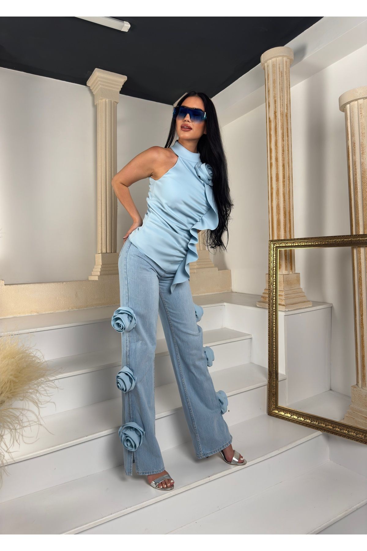 Üst İthal Astarlı Scuba Kumaş Gül Ve Şal Detay Bluz Alt İthal Denim Yan Gül Detay Özel Tasarım Takım - mavi