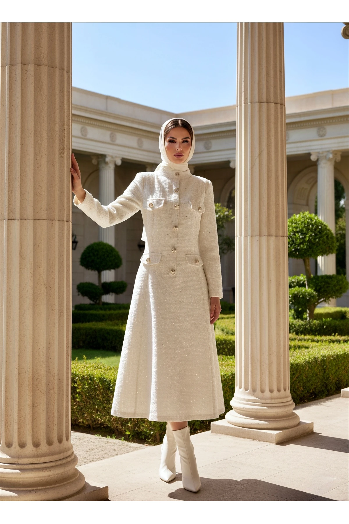 İthal Tüvit Kumaş Düğme Detaylı Astarlı Özel Tasarım Uzun Elbise