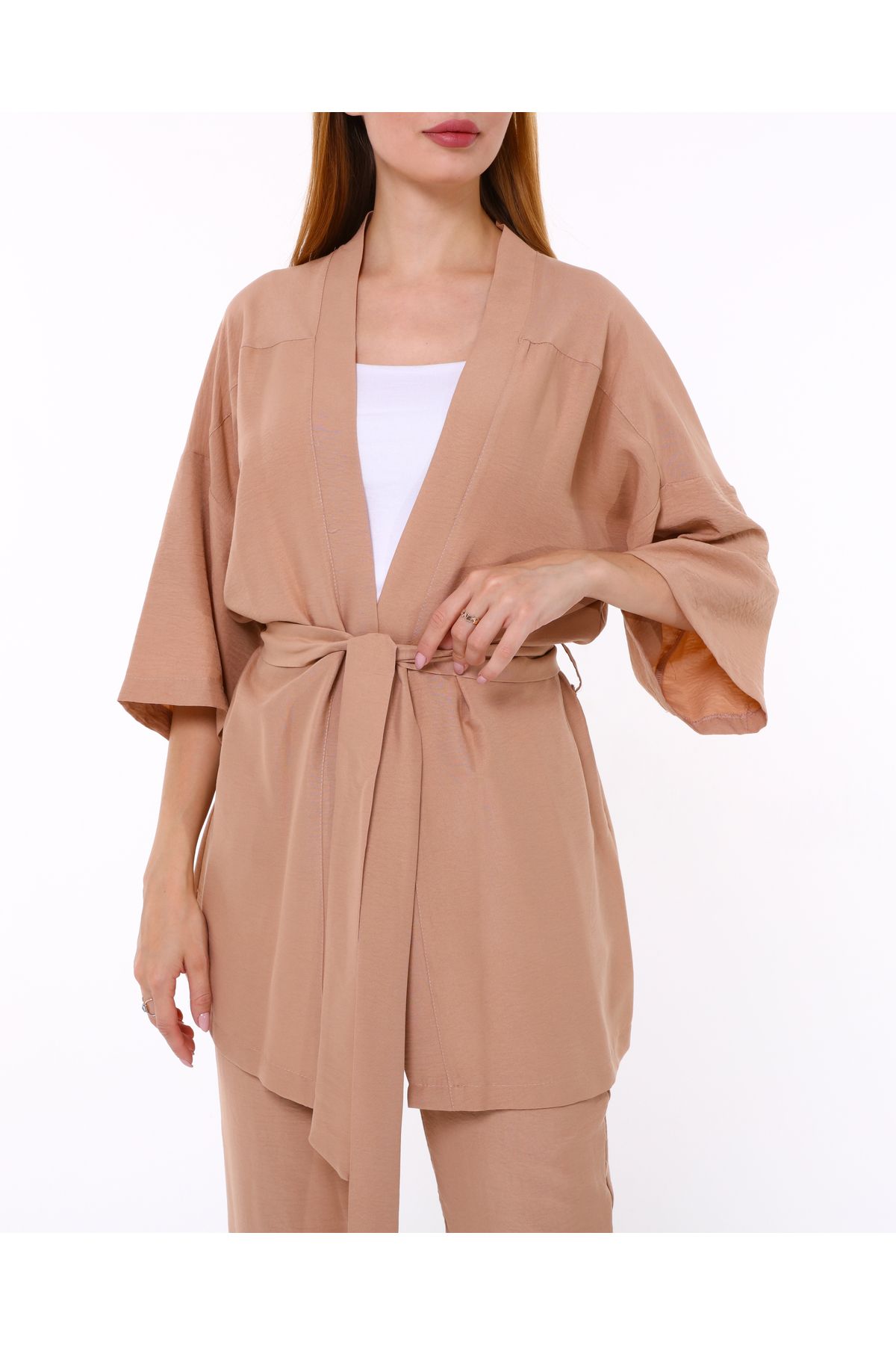 Kadın Aerobin Kumaş Üst Kuşaklı Hırka Alt Lastikli Cepli Düğmeli Pantolon Alt Üst Takım Kimono - camel