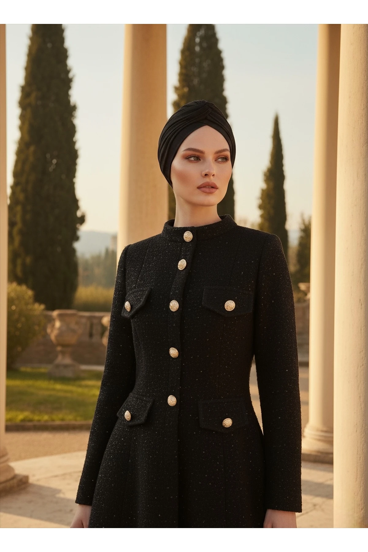 İthal Tüvit Kumaş Düğme Detaylı Astarlı Özel Tasarım Uzun Elbise - Siyah