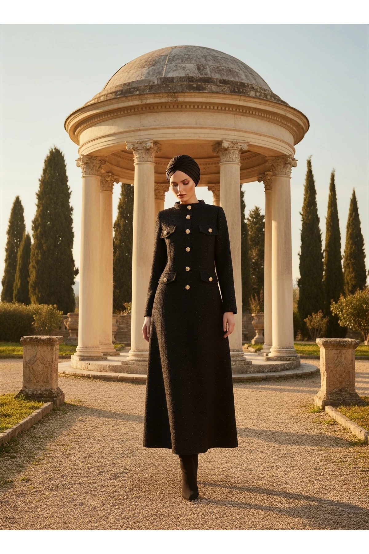 İthal Tüvit Kumaş Düğme Detaylı Astarlı Özel Tasarım Uzun Elbise - Siyah