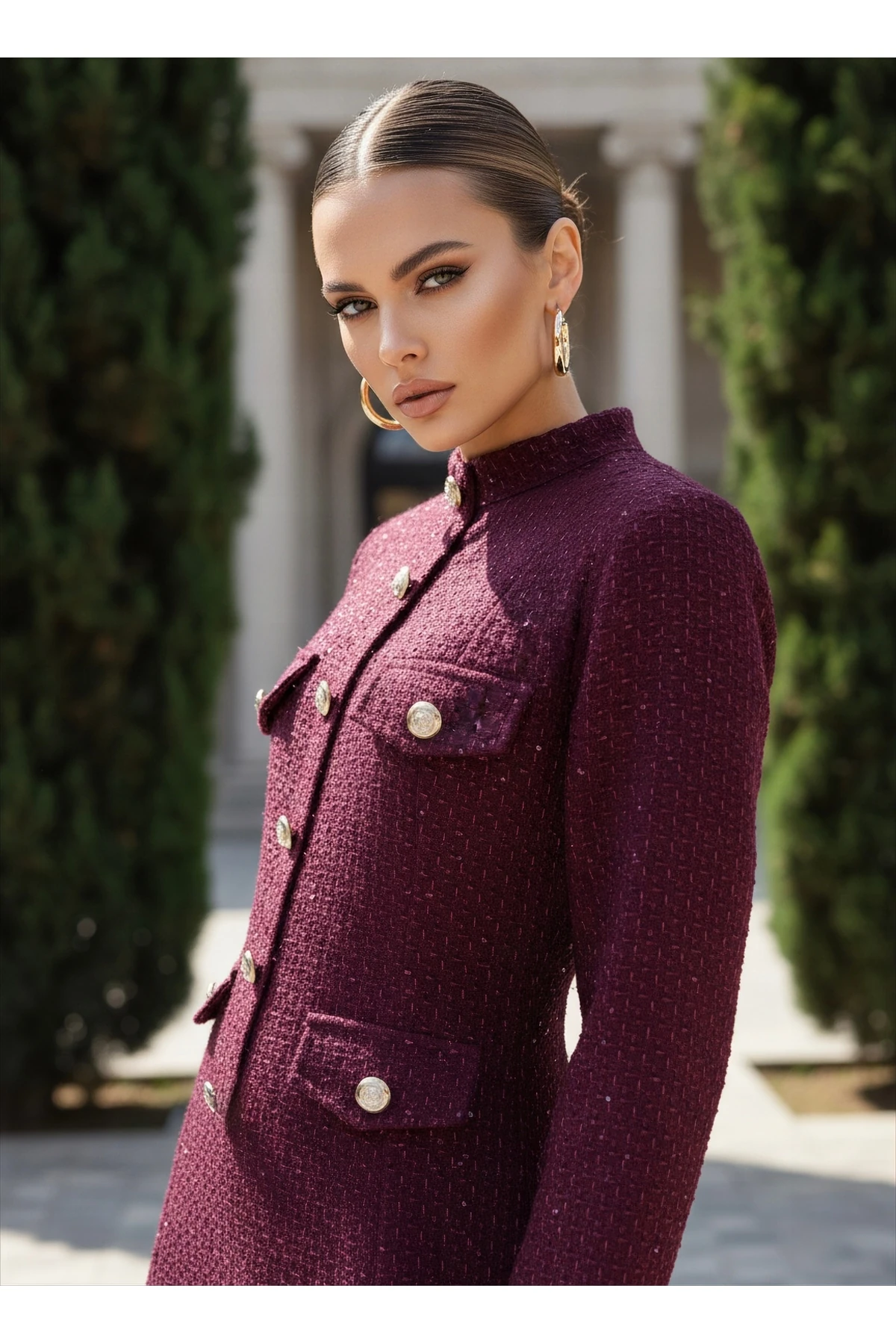 İthal Tüvit Kumaş Düğme Detaylı Astarlı Özel Tasarım Uzun Elbise - Bordo