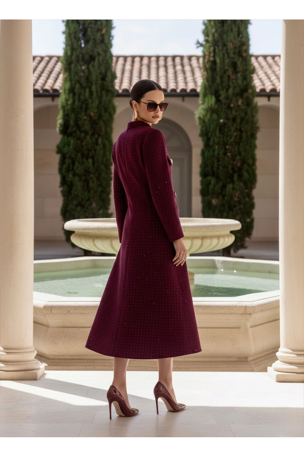 İthal Tüvit Kumaş Düğme Detaylı Astarlı Özel Tasarım Uzun Elbise - Bordo