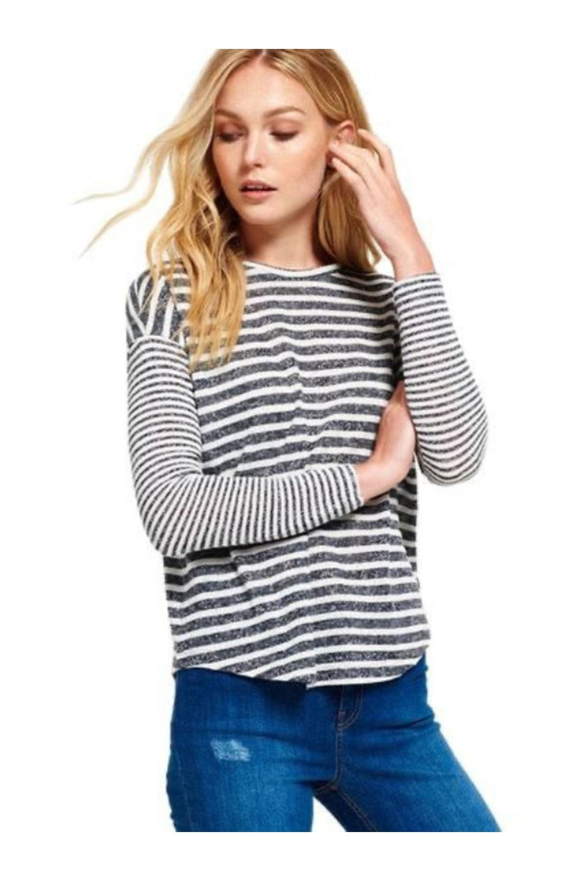 Kadın Kaşkorse Muline Kumaş Bisiklet Yaka Çizgili Örme Bluz T-shirt