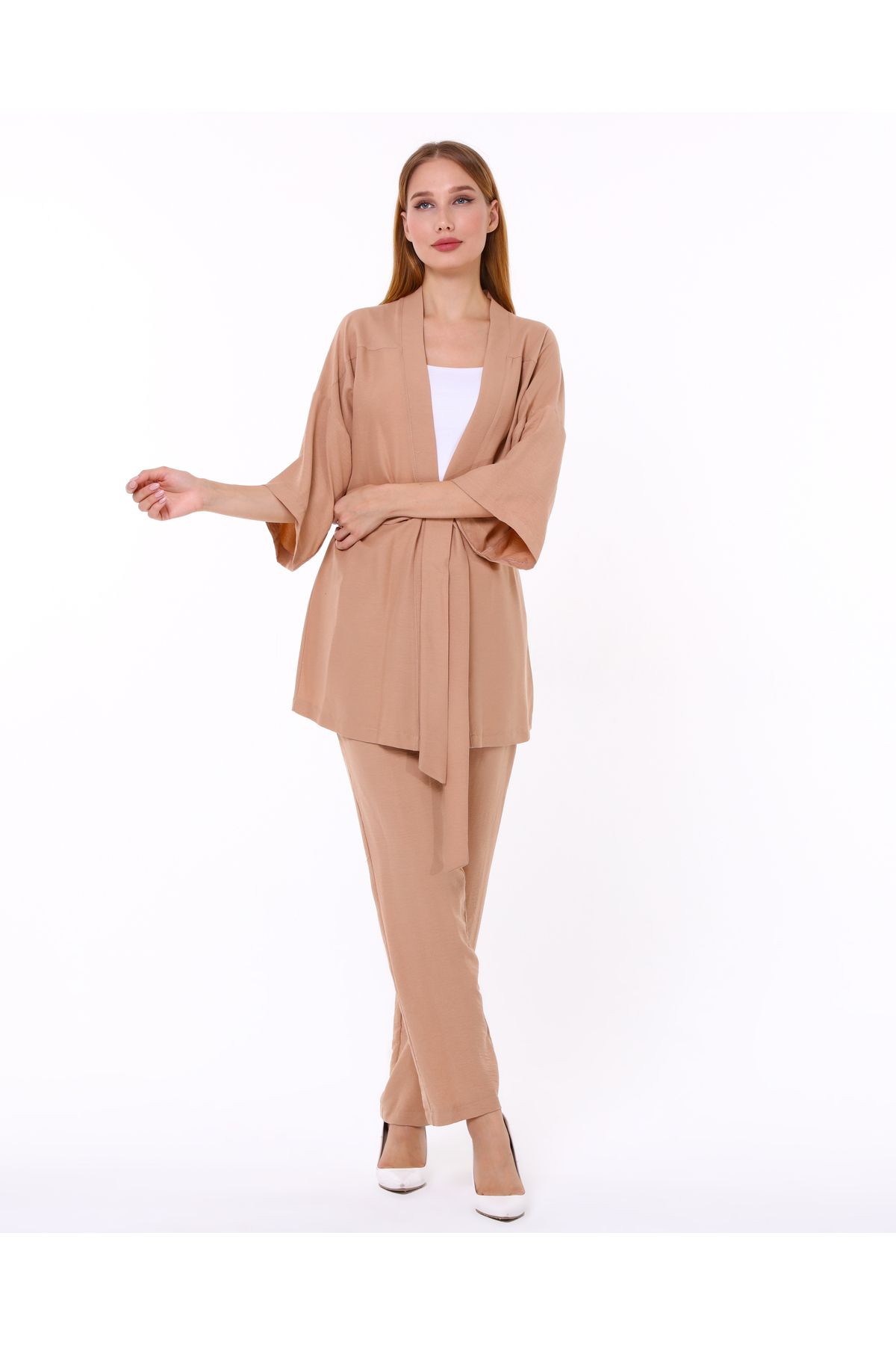 Kadın Aerobin Kumaş Üst Kuşaklı Hırka Alt Lastikli Cepli Düğmeli Pantolon Alt Üst Takım Kimono - camel