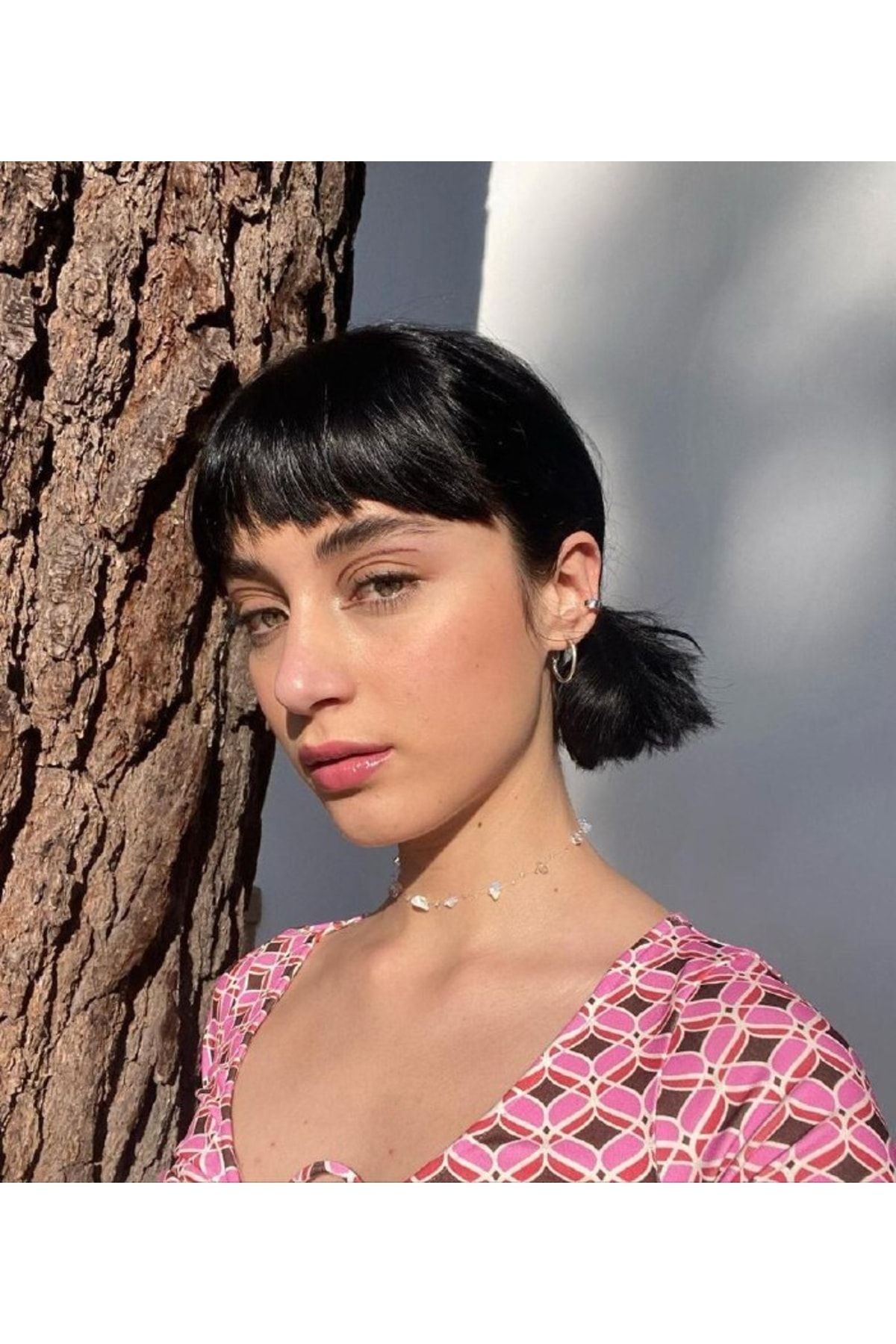 Kadın Pembe V Yaka Etnik Desen Alt-üst Takım Üst Crop Bluz Alt Yan Fermuar Kemerli Yırtmaçlı Etek