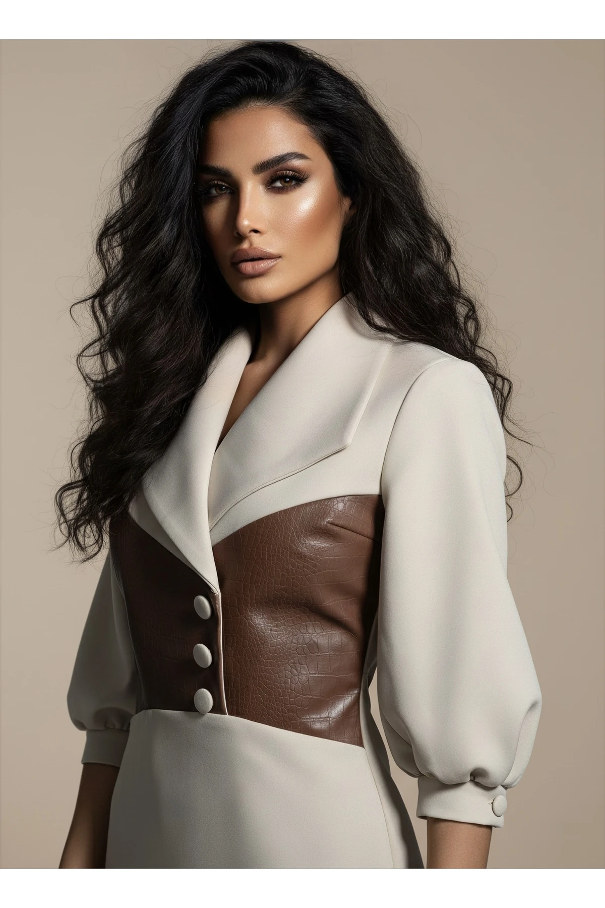 İthal Kumaştan Düğmeli Deri Detaylı Astarlı Özel Tasarım Maxi Elbise - Beyaz