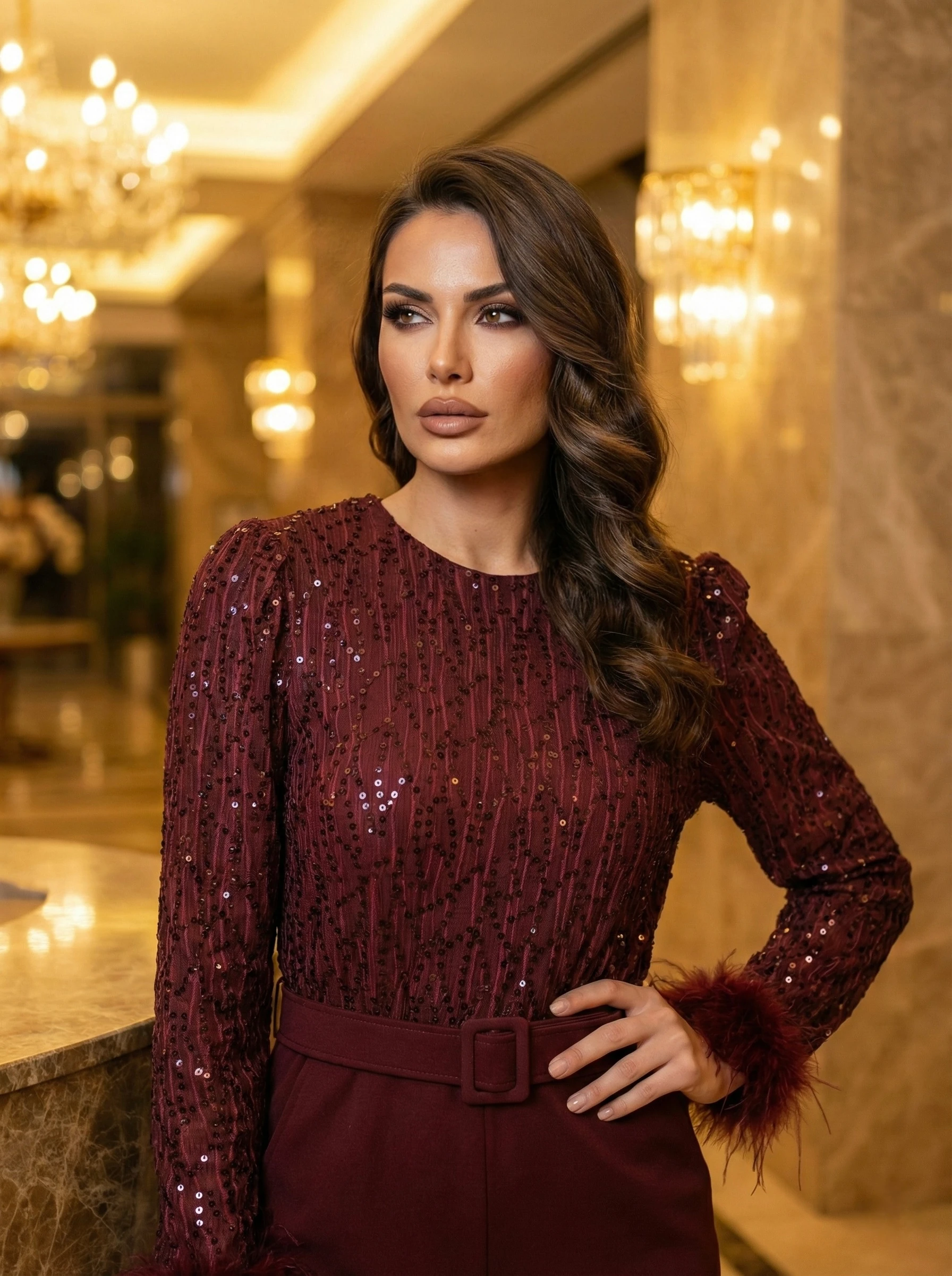 Kadın İthal Kumaştan Payetli Kemerli Kollar Otriş Detay Astarlı Özel Tasarım Tulum - Bordo