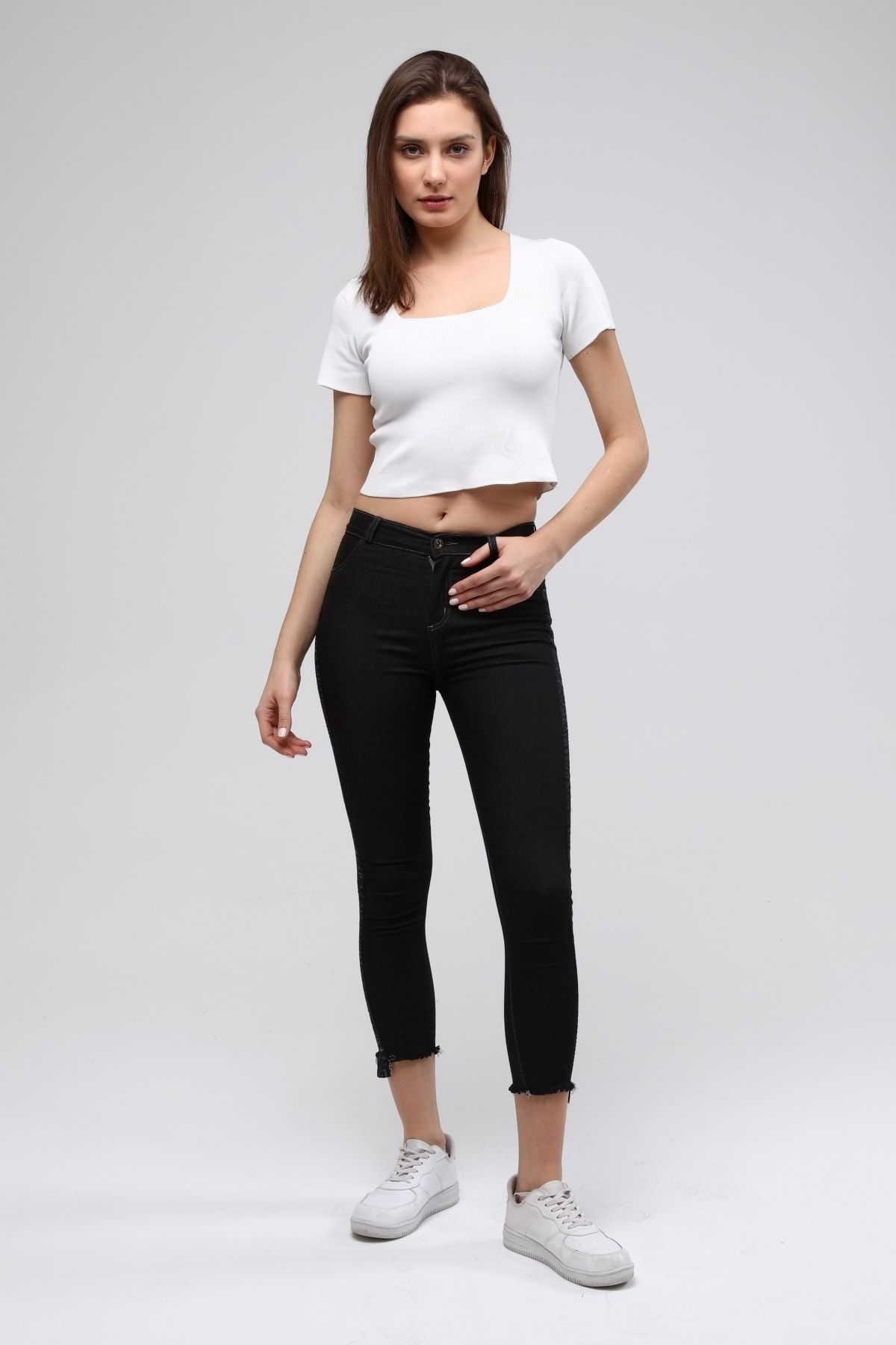 Kadın Siyah Yan Şerit Detaylı Full Likralı Skinny Kot Tayt