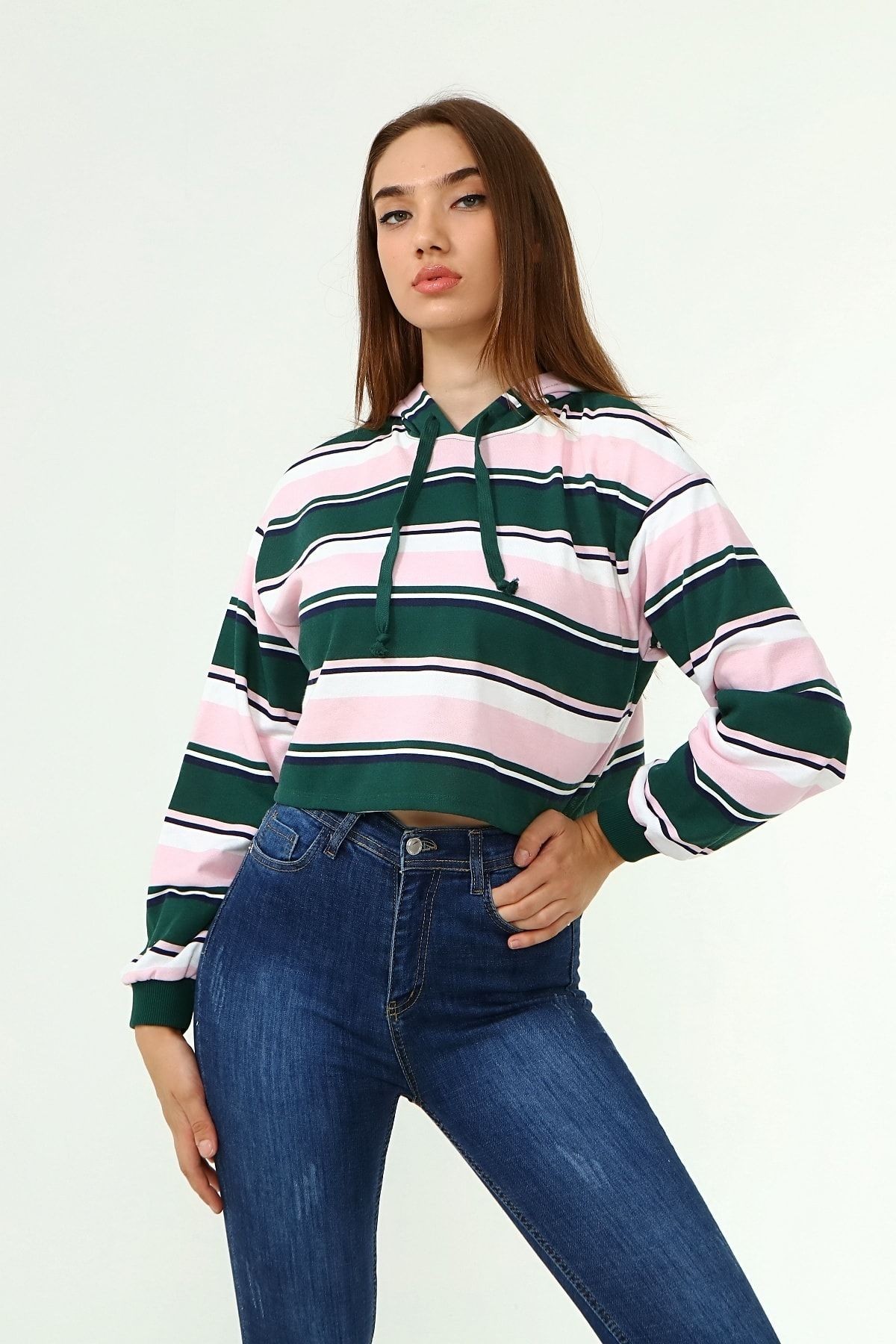 Çizgili Kapuşonlu Crop Sweatshirt Iki Iplik Penye Kumaş Uzun Kol