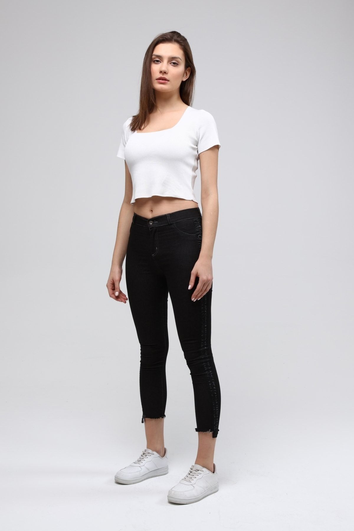 Kadın Siyah Yan Şerit Detaylı Full Likralı Skinny Kot Tayt