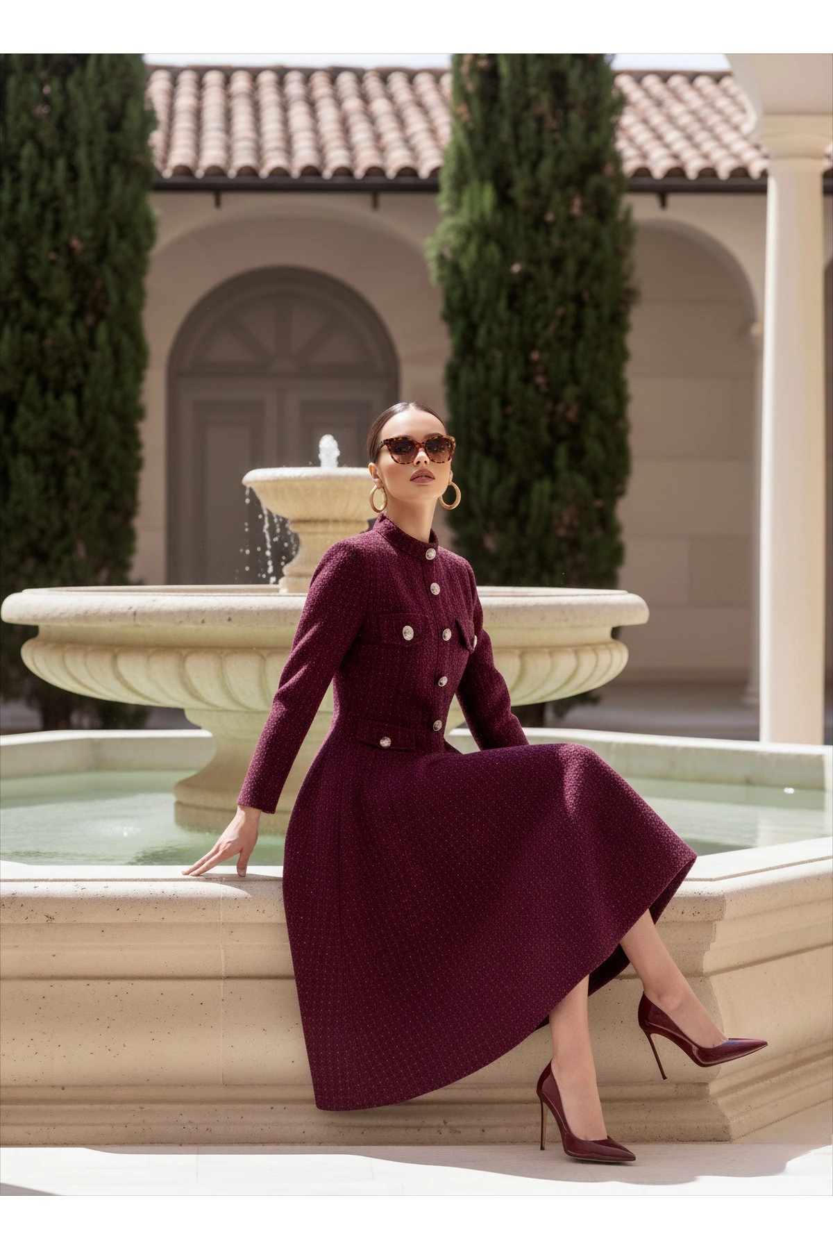 İthal Tüvit Kumaş Düğme Detaylı Astarlı Özel Tasarım Uzun Elbise - Bordo