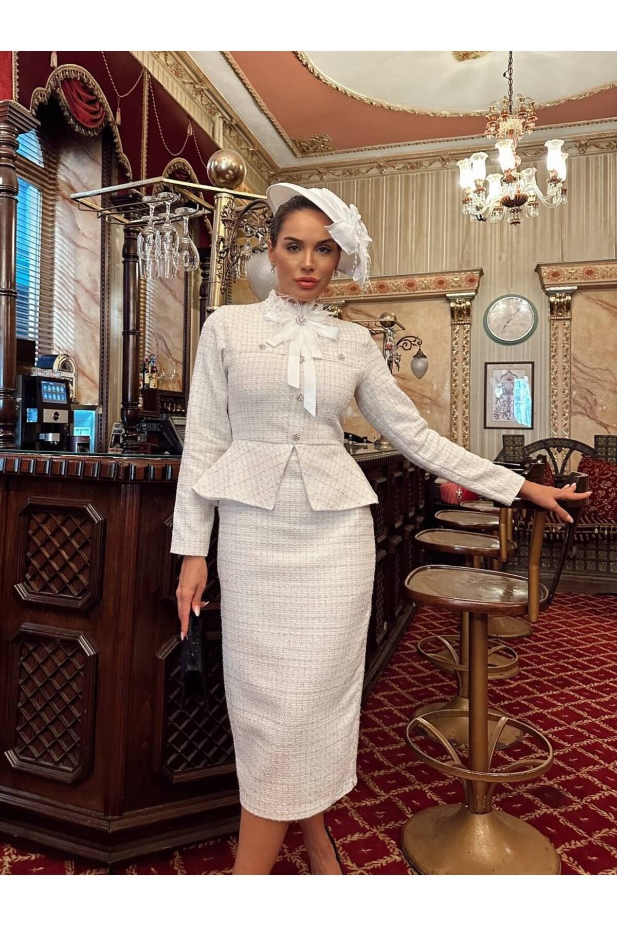 Kadın İthal Simli Tüvit Kumaş Aksesuar Ve Taş Düğme Detay astarlı Özel Tasarım Elbise