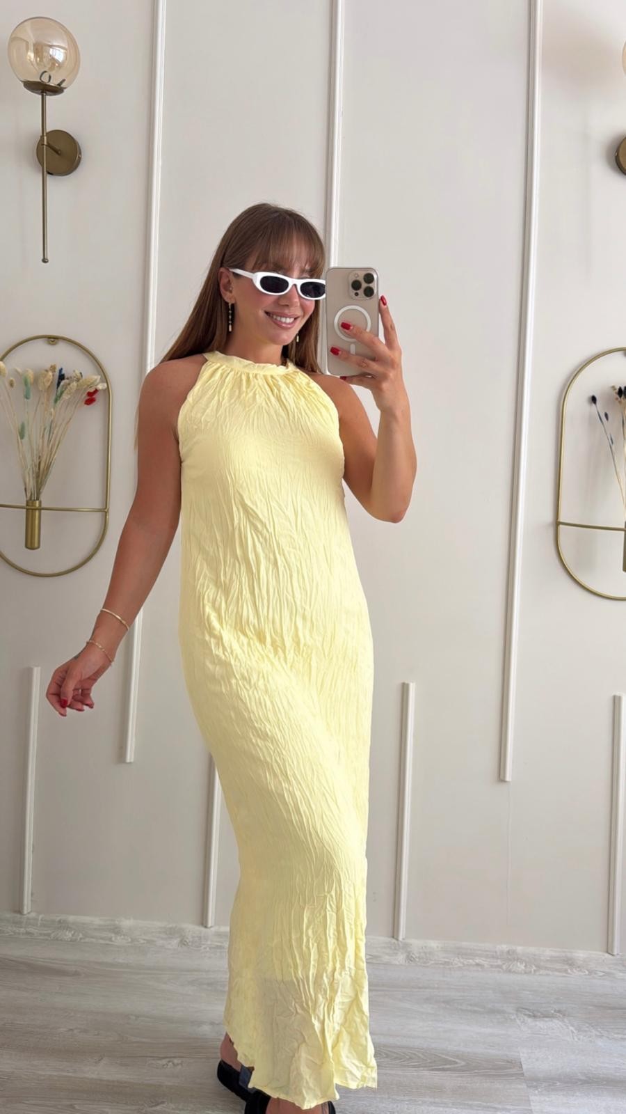 AMELIE SARI BURUŞUK DOKULU MAXI ELBİSE