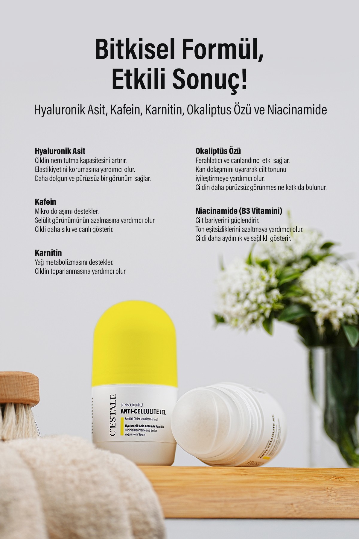 C’ESTALE Selülit Karşıtı Bitkisel Roll-On Masaj Jeli – Kafein & Karnitin – Sıkılaştırıcı Etki
