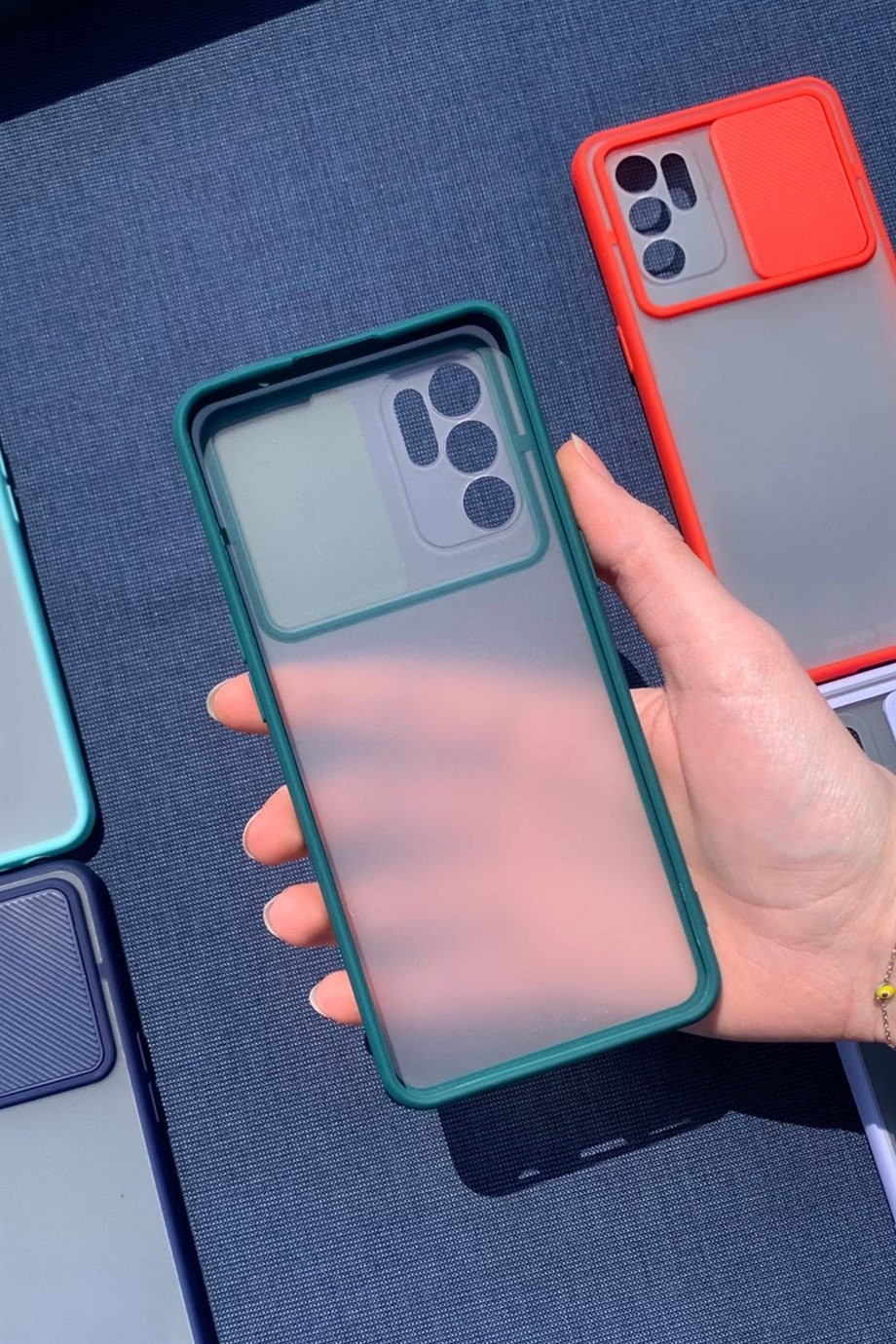 Oppo Reno 6 Uyumlu Kamera Sürgülü Mika Kılıf Petrol Yeşil