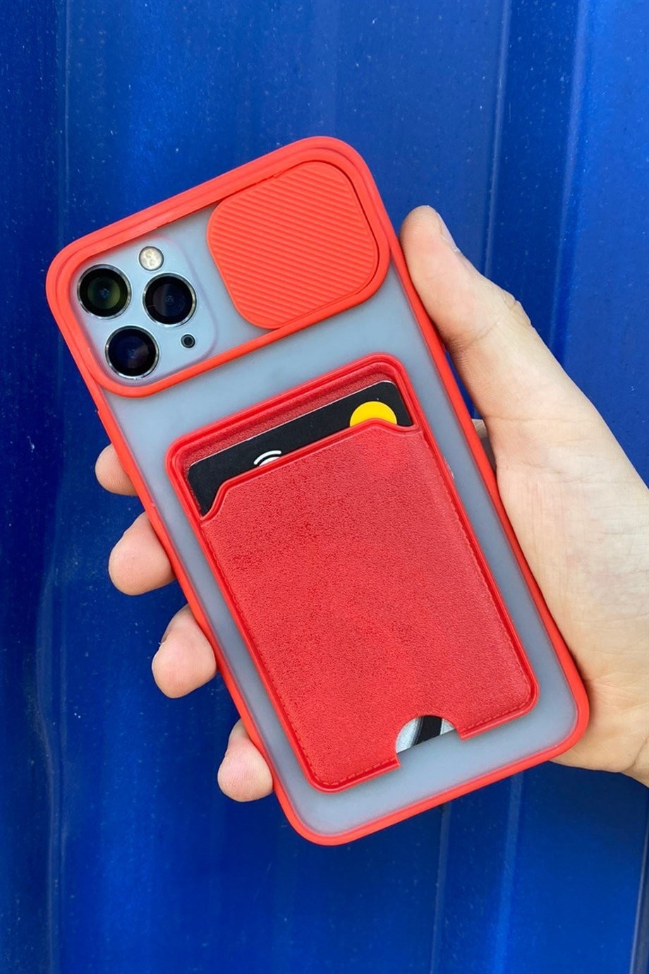 iPhone 11 Pro Max Uyumlu Kart Bölmeli Sürgülü Kılıf Kırmızı