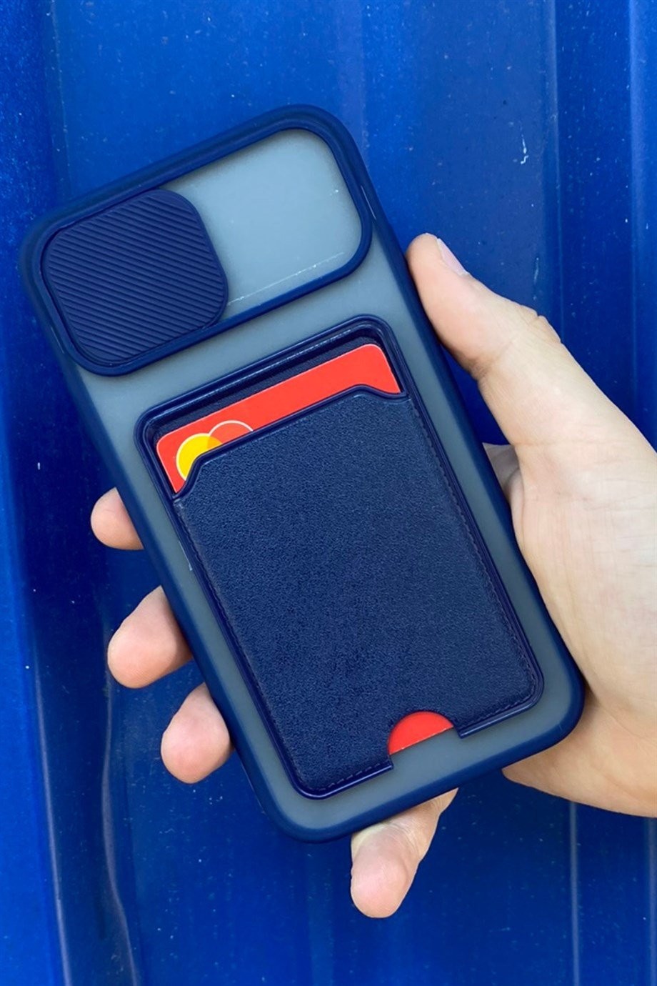 iPhone 11 Uyumlu Kart Bölmeli Sürgülü Kılıf Lacivert