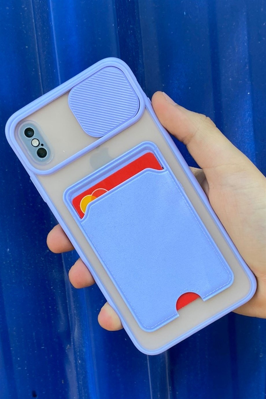 iPhone X Max / XS Max Uyumlu Kart Bölmeli Sürgülü Kılıf Lila