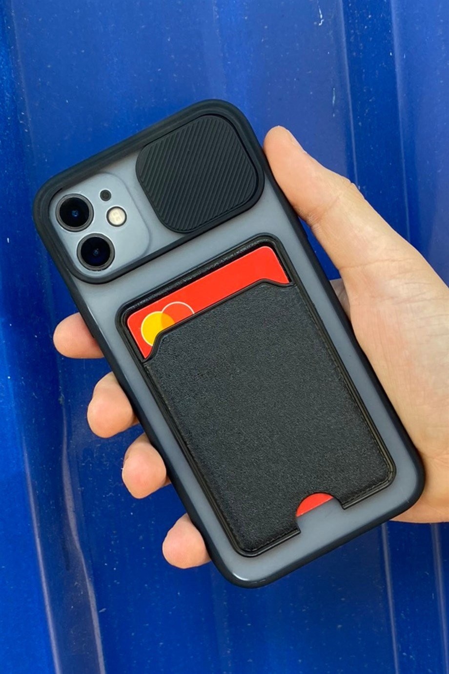 iPhone 11 Uyumlu Kart Bölmeli Sürgülü Kılıf Siyah