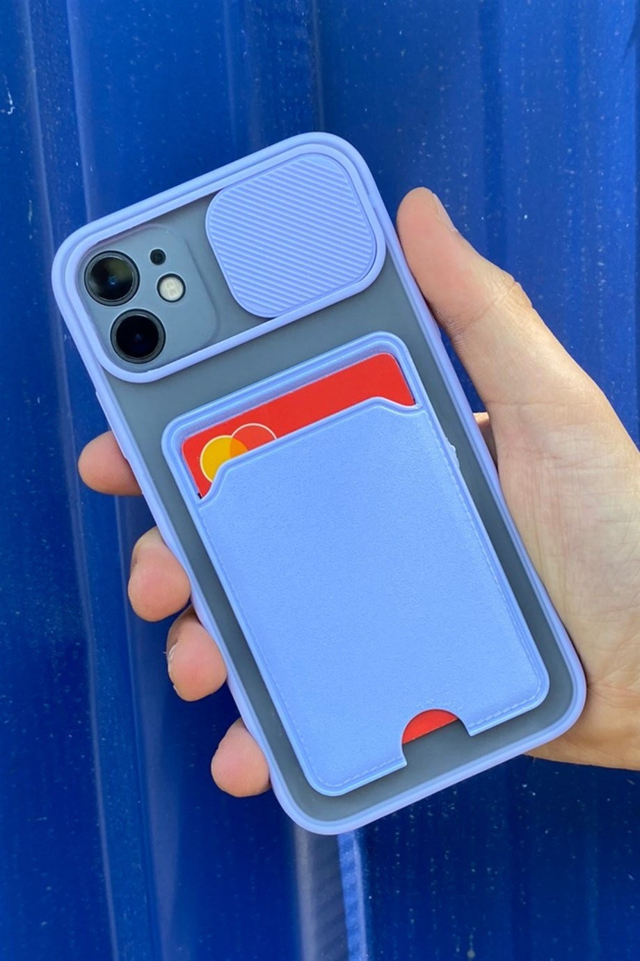 iPhone 11 Uyumlu Kart Bölmeli Sürgülü Kılıf Lila