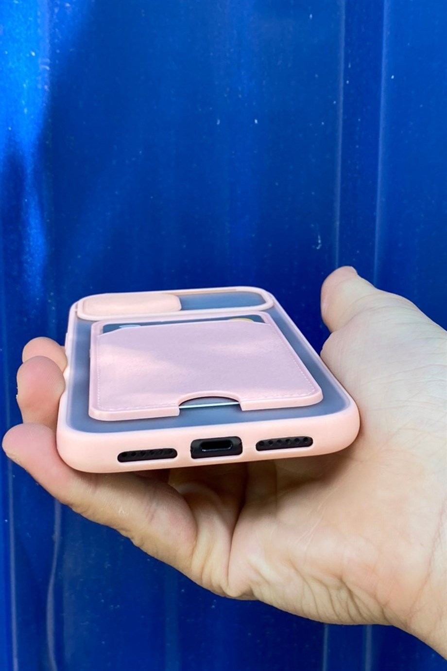 iPhone 11 Uyumlu Kart Bölmeli Sürgülü Kılıf Pembe