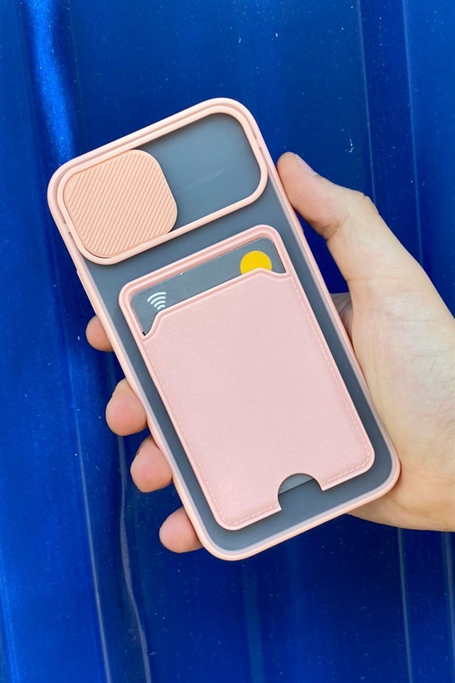 iPhone 12 Uyumlu Kart Bölmeli Sürgülü Kılıf Pembe