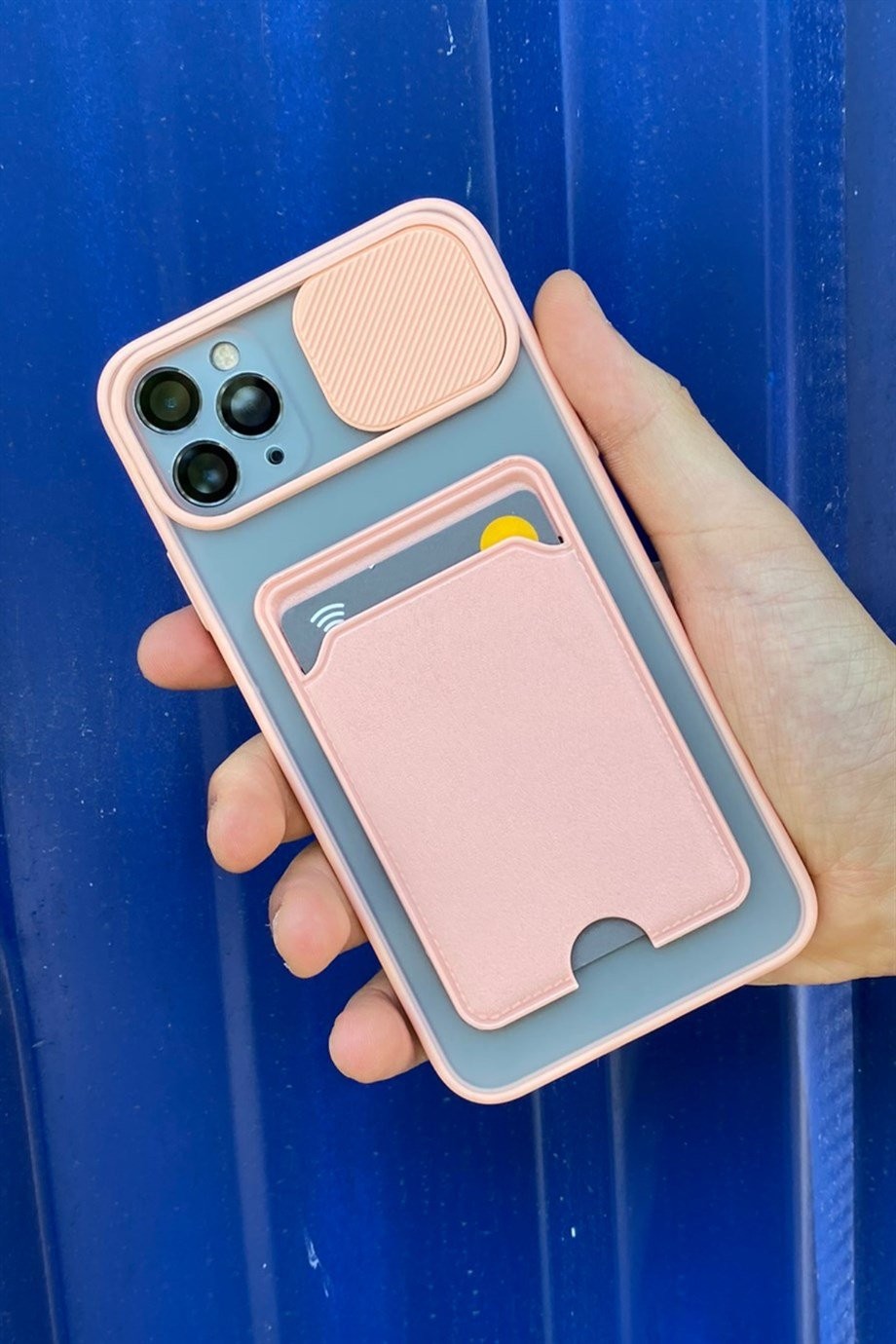 iPhone 11 Pro Max Uyumlu Kart Bölmeli Sürgülü Kılıf Pembe