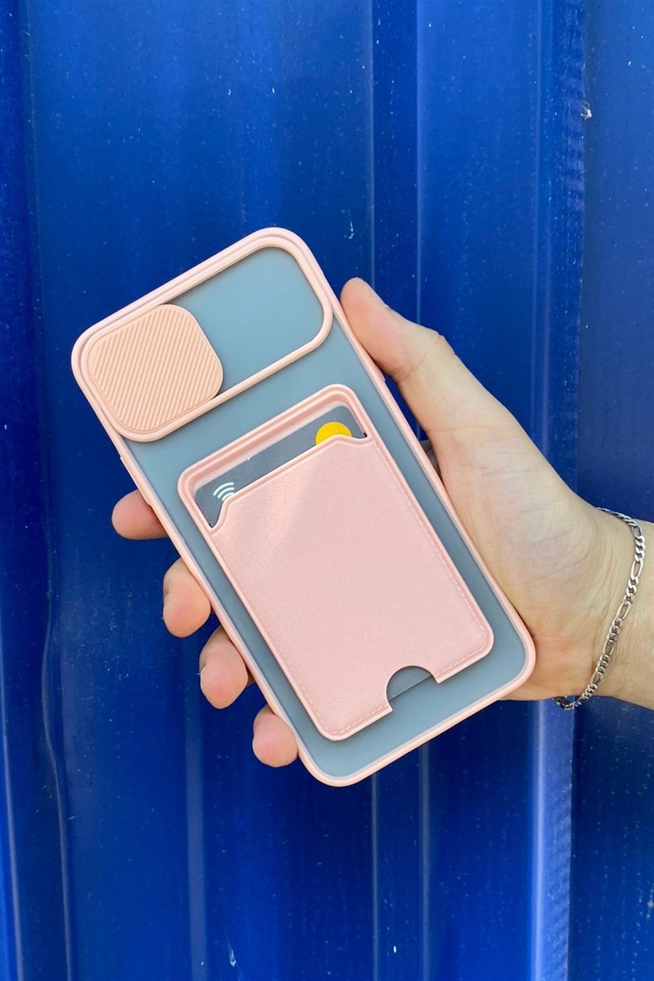 iPhone 12 Pro Max Uyumlu Kart Bölmeli Sürgülü Kılıf Pembe