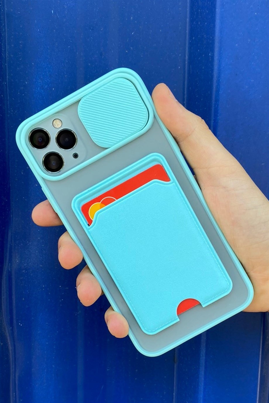 iPhone 11 Pro Uyumlu Kart Bölmeli Sürgülü Kılıf Turkuaz