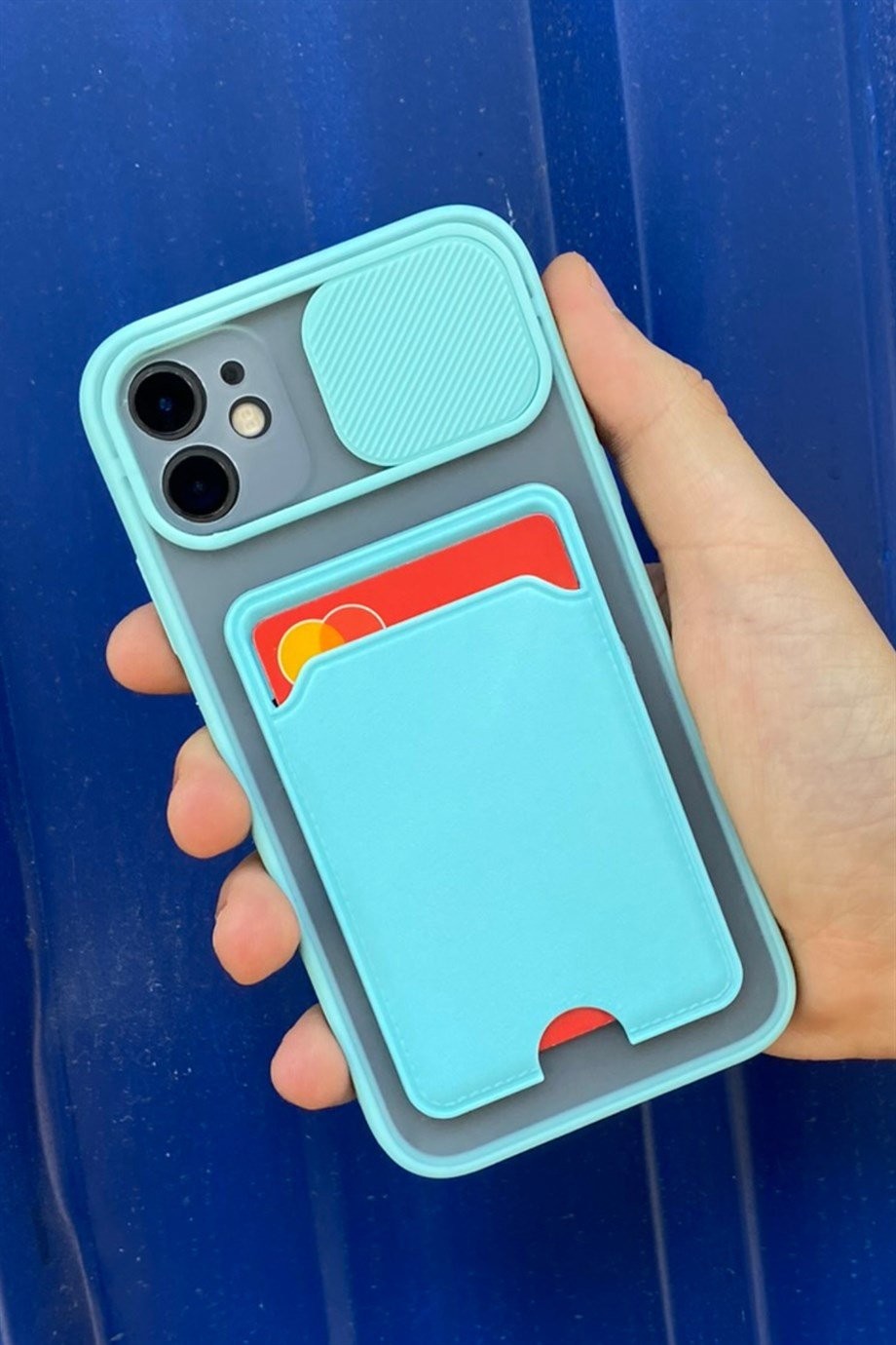 iPhone 11 Uyumlu Kart Bölmeli Sürgülü Kılıf Turkuaz