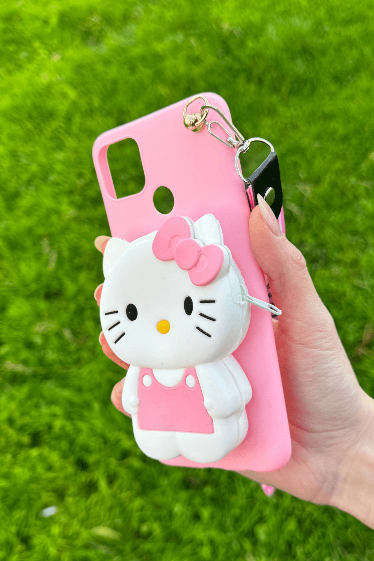 Realme C21y Uyumlu Emojili Askılı Çanta Kılıf Hello Kitty Figürlü Pembe