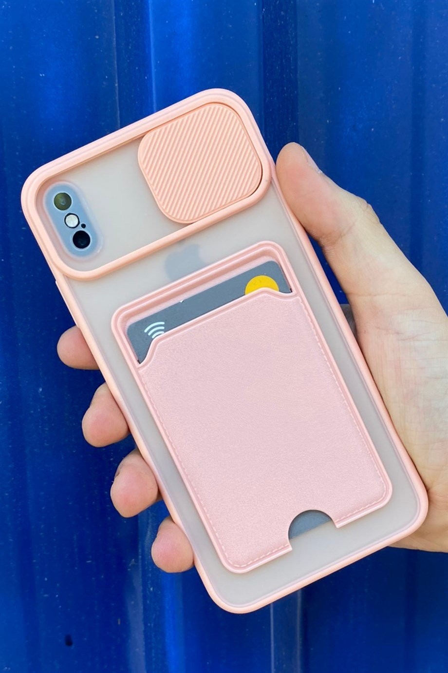 iPhone X Max / XS Max Uyumlu Kart Bölmeli Sürgülü Kılıf Pembe