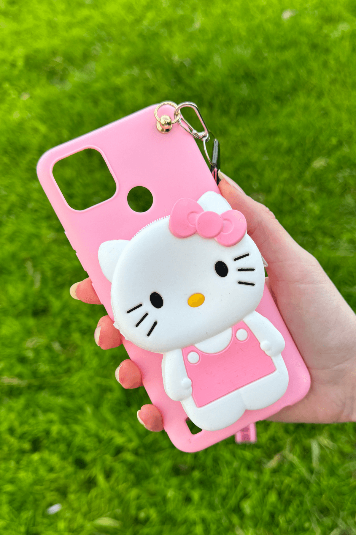 Realme C21y Uyumlu Emojili Askılı Çanta Kılıf Hello Kitty Figürlü Pembe