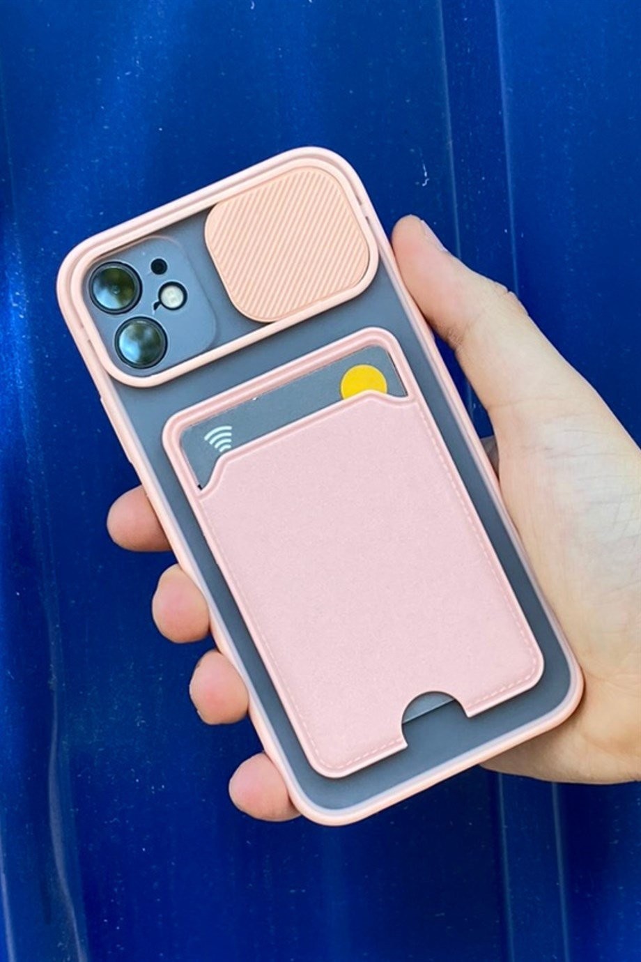 iPhone 12 Uyumlu Kart Bölmeli Sürgülü Kılıf Pembe