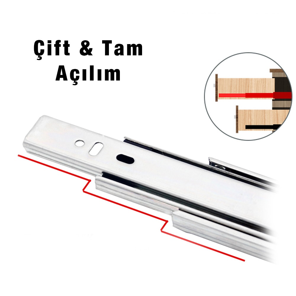 35 x 250 mm Çift Açılım Teleskopik Bilyeli Ray