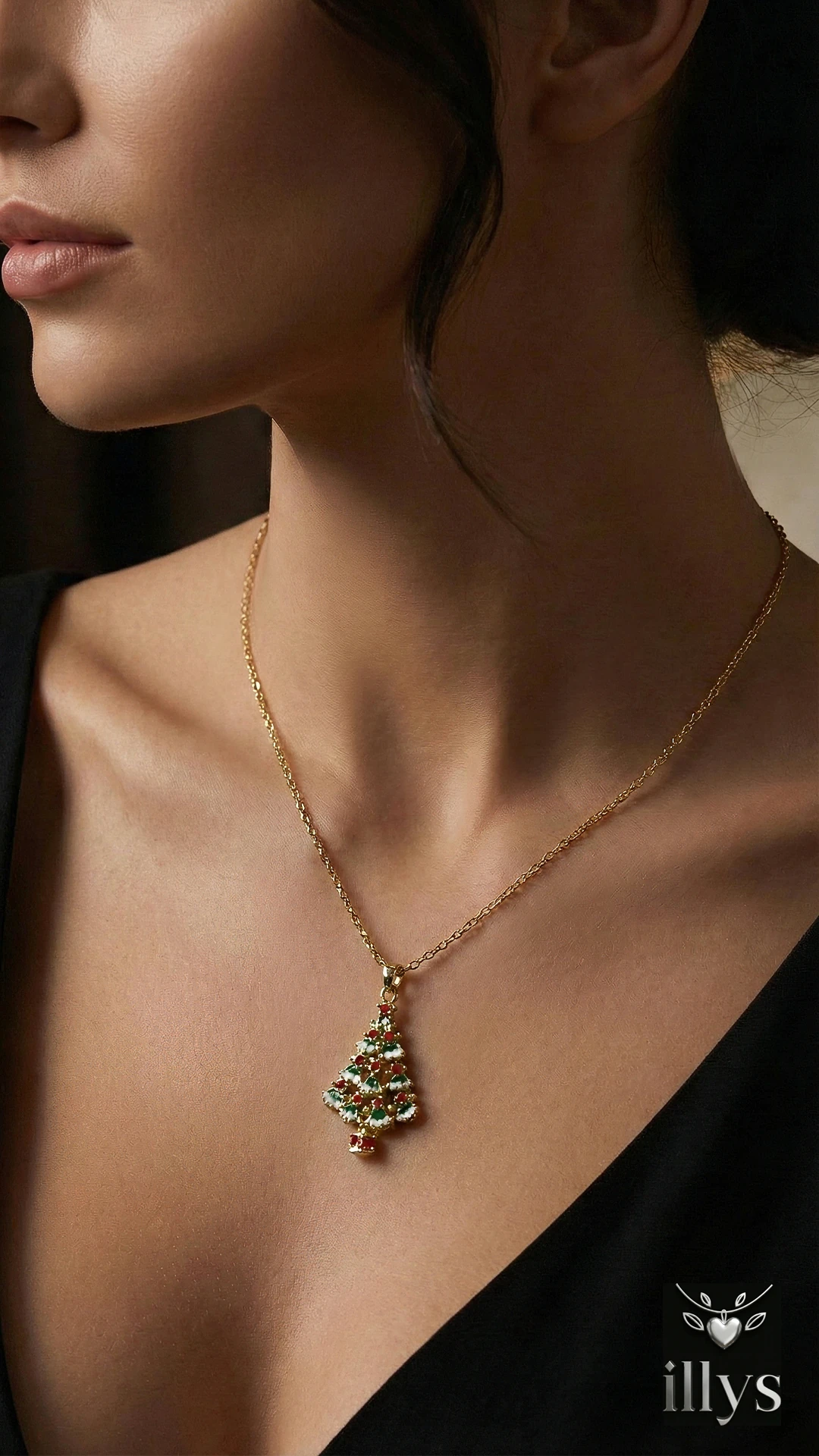 illys Gold Zincir Yeşil Üzeri Kırmızı Yılbaşı Süslü Yılbaşı Ağacı Çelik Kolye