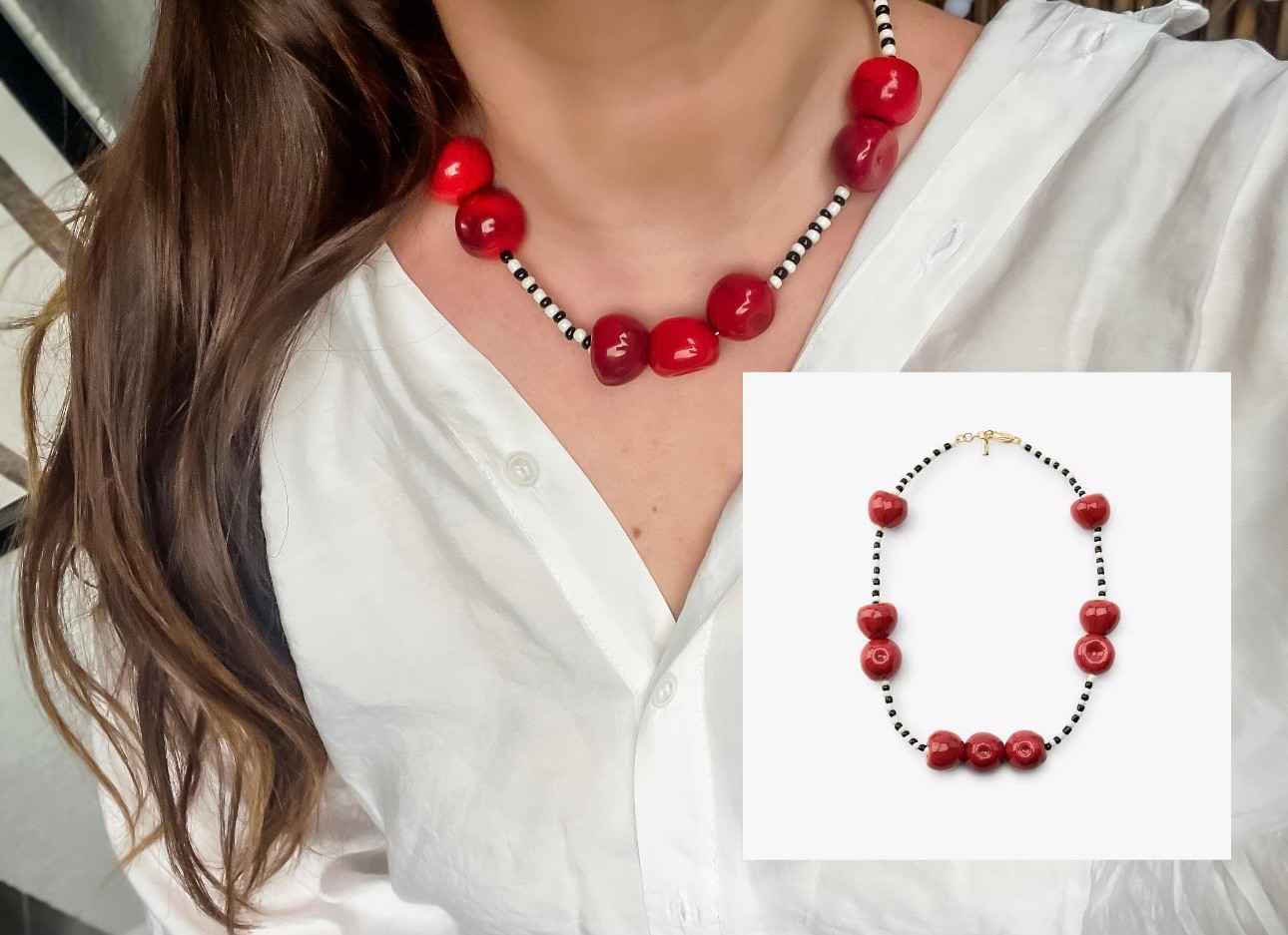 illys ZRA Model Araları Siyah Beyaz Boncuk Kiraz Figürlü Kolye