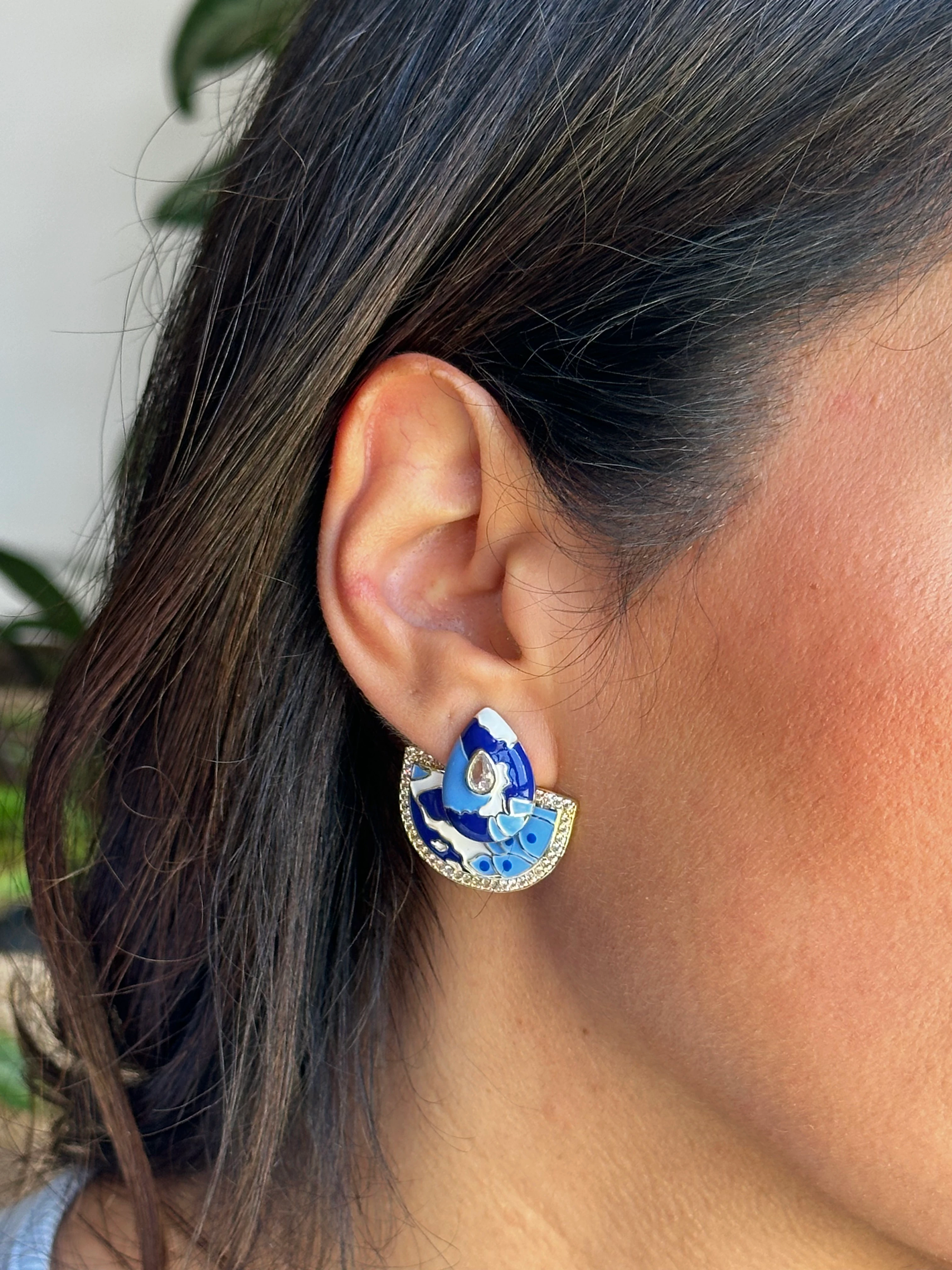 illys Mavi Lacivert Mineli Yelpaze Model Özel Tasarım Küpe