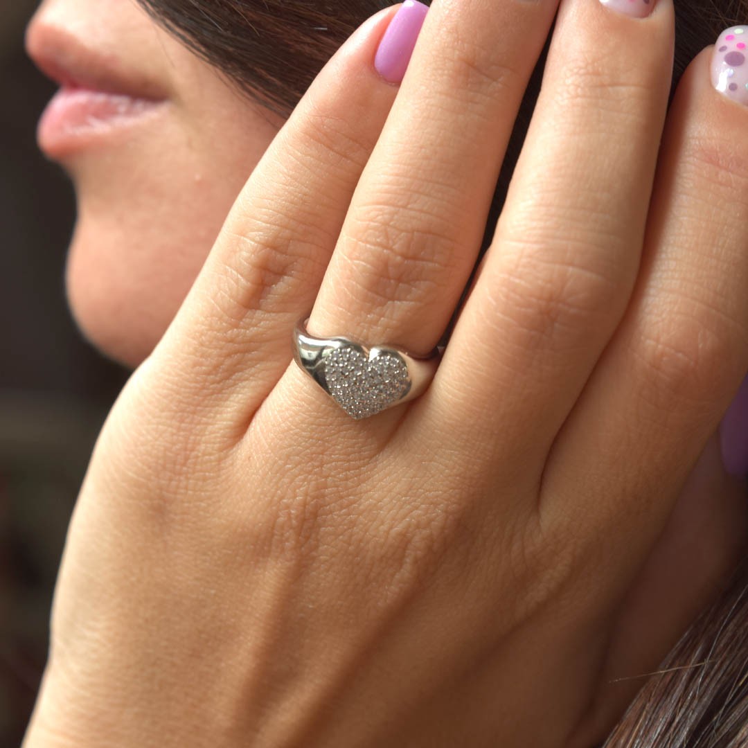illy Silver Zirkon Taş Detaylı Ayarlanabilir Kalpli Yüzük