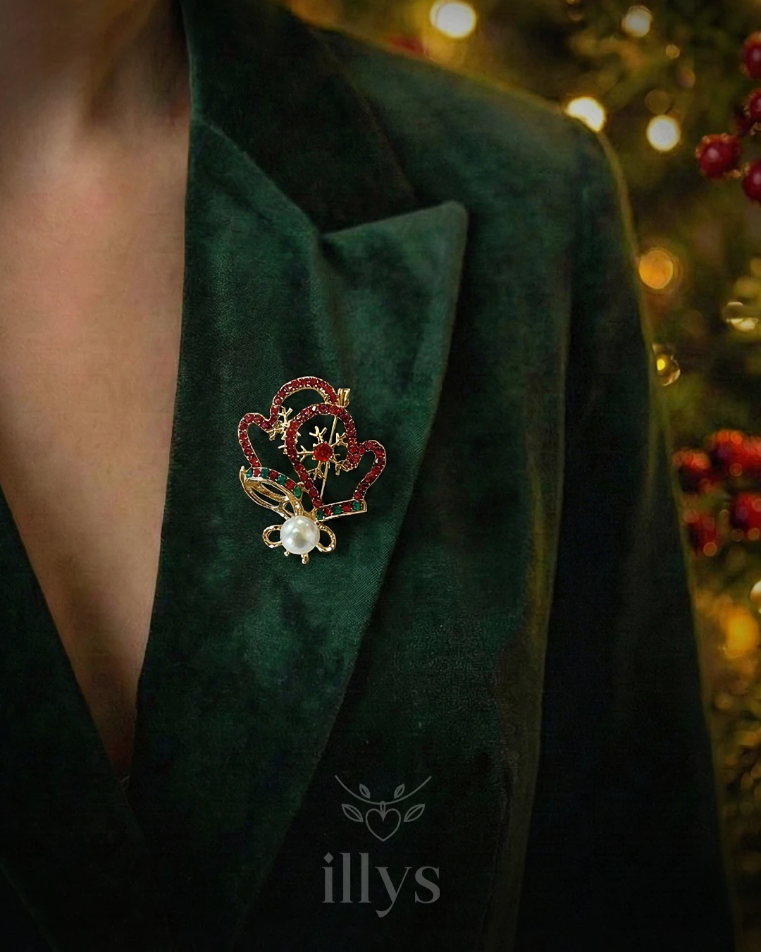 illys Kırmızı Zirkon Taş Detaylı Eldiven Yılbaşı Broşu
