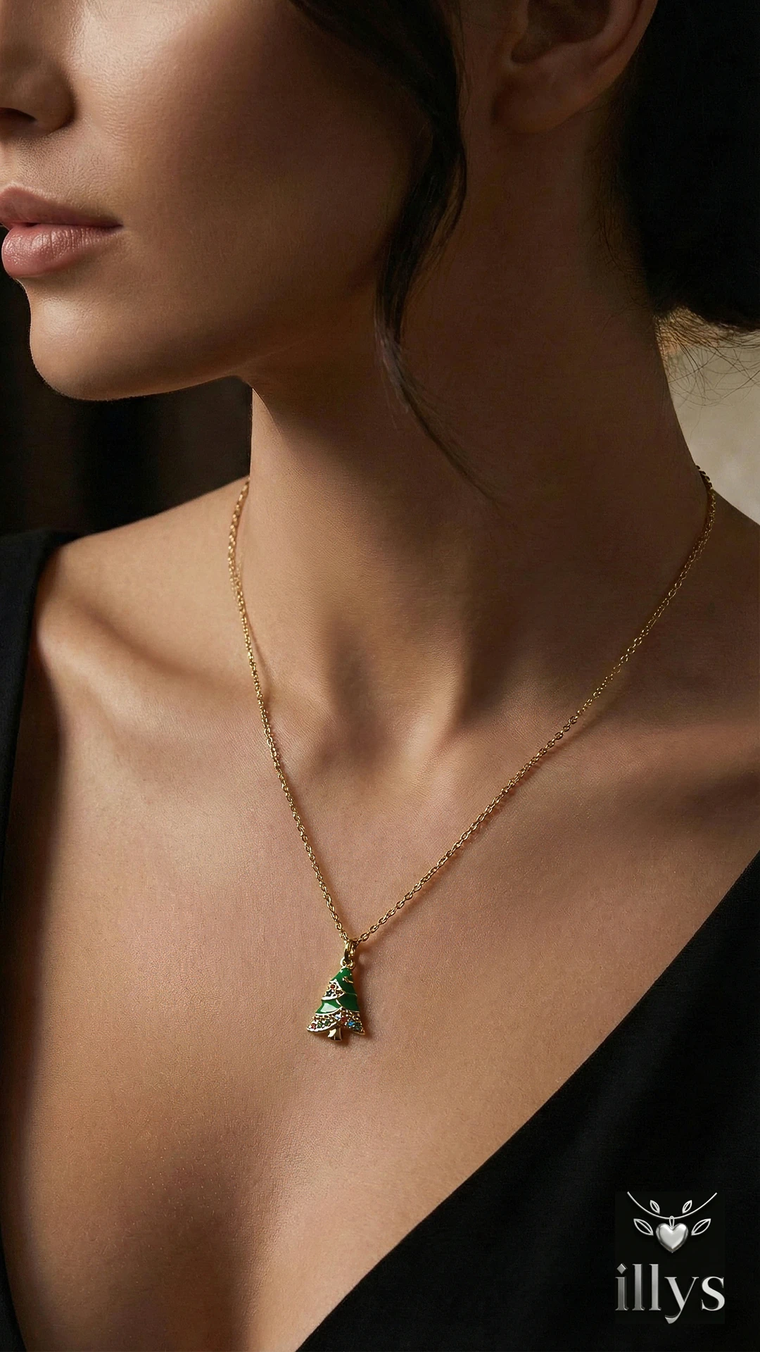 illys Gold Zincir Yeşil Yılbaşı Ağacı Çelik Kolye