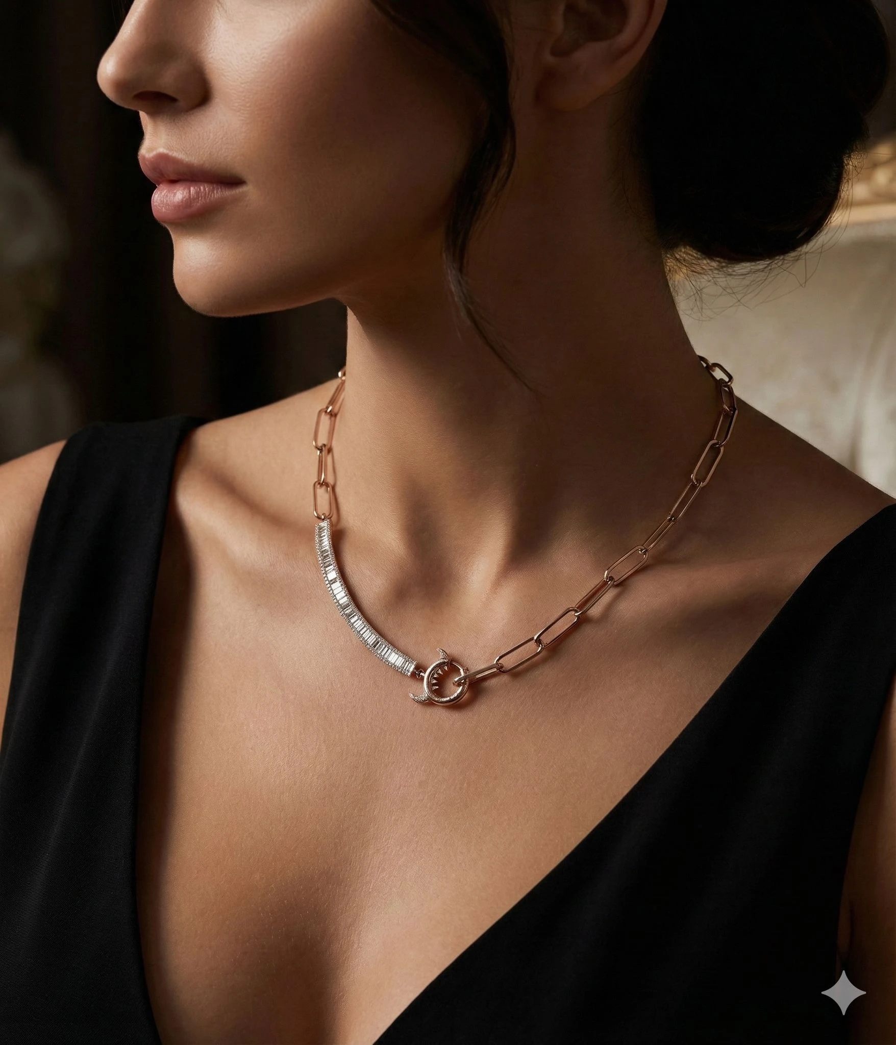 illys Gold Baget Taşlı Kapama Kısmı Boynuz Detay Ataç  Zincir Kolye